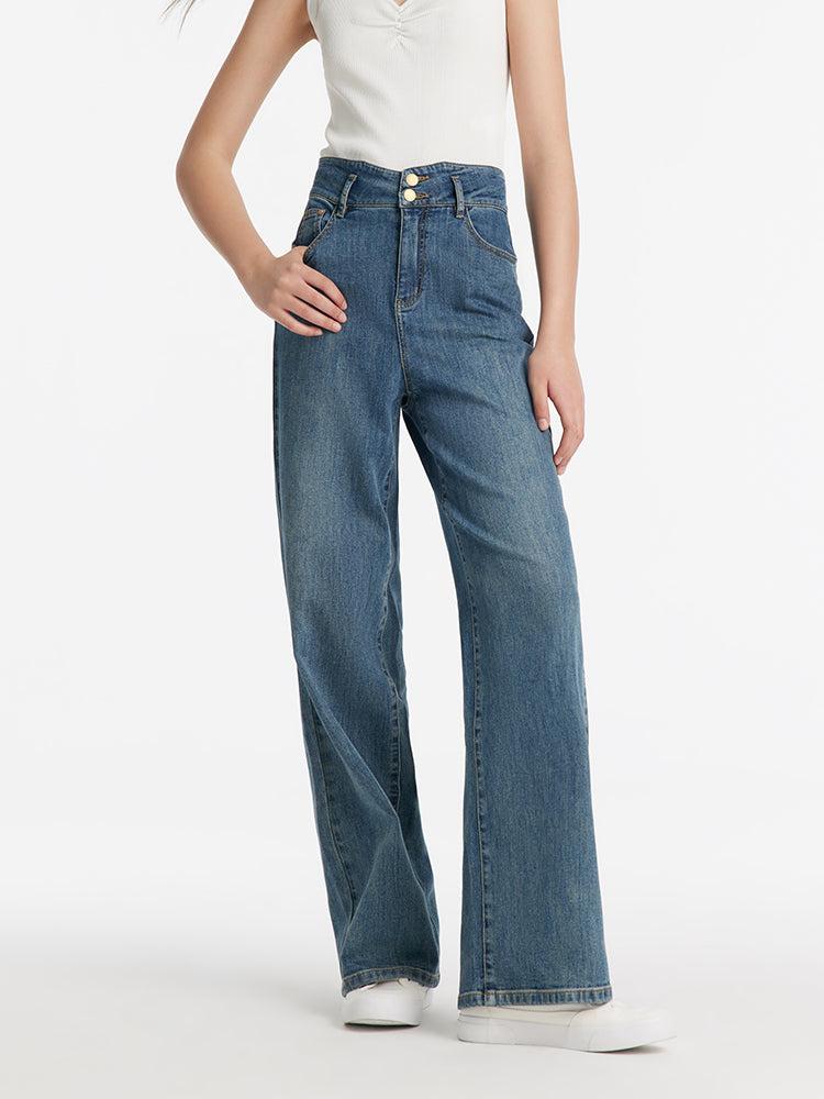 High-Waisted Loose Straight Full Length Women Jeans Product Image