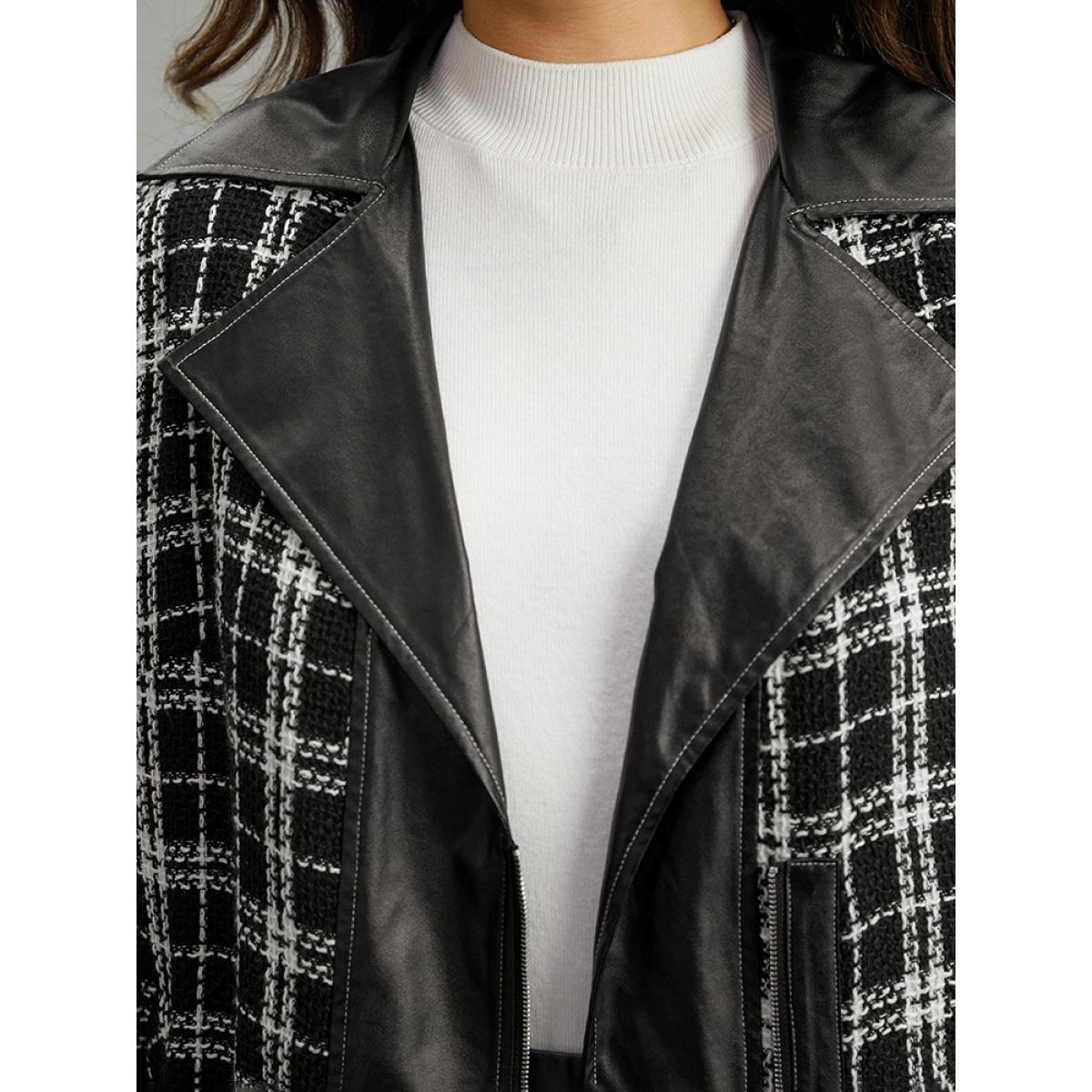Plus Size Plaid PU Patchwork Zipper Fly Jacket Women Black Contrast Dailywear Jackets BloomChic 18-20/2X Product Image