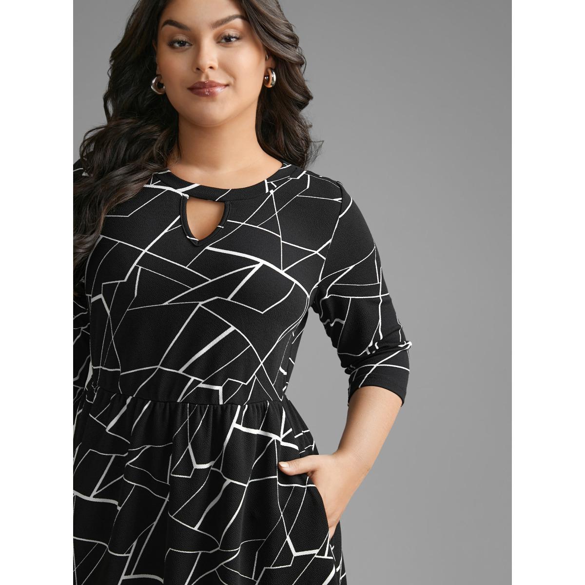Plus Size Geometric Keyhole Elastic Waist Midi Dress Black Women At the Office Distressed Round Neck Elbow-length sleeve Curvy BloomChic 26/4X Product Image