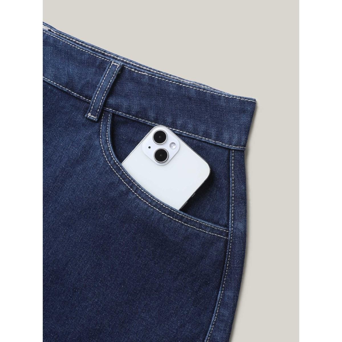 Plus Size Button Front Straight-Fit Denim Skirt Women Midblue Everyday-Casual Button Low stretch Medium Wash 30/6X Slanted pocket Elegant Denim Skirts BloomChic Product Image