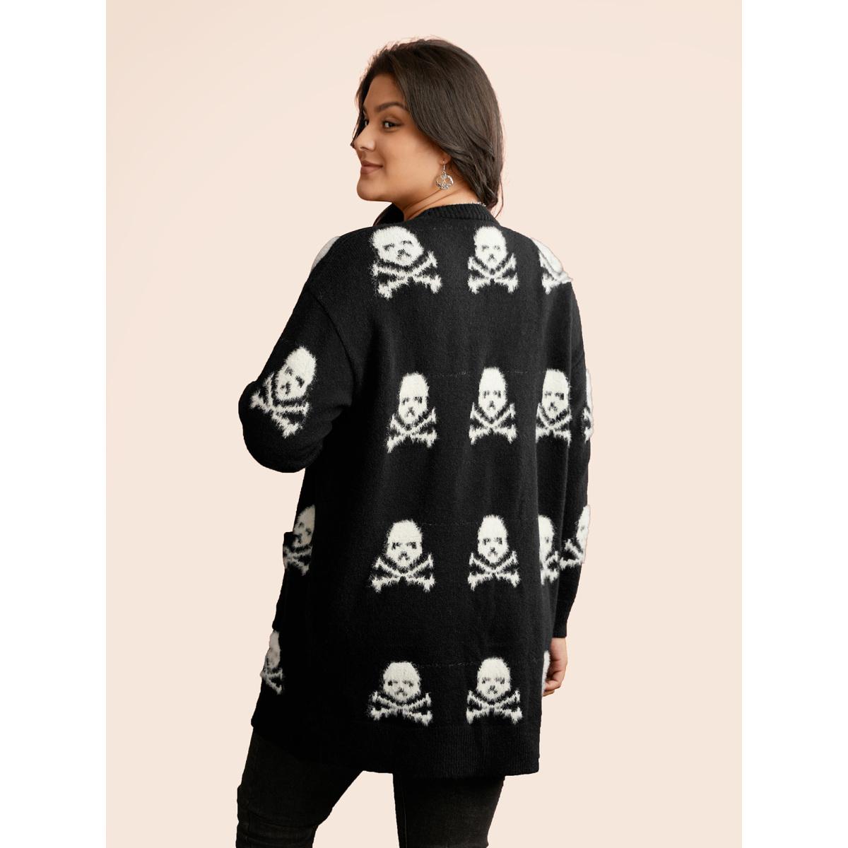 Plus Size Skull Pattern Plus Jacquard Open Cardigan Black Women Casual Loose Long Sleeve Everyday Cardigans BloomChic 18-20/2X Product Image