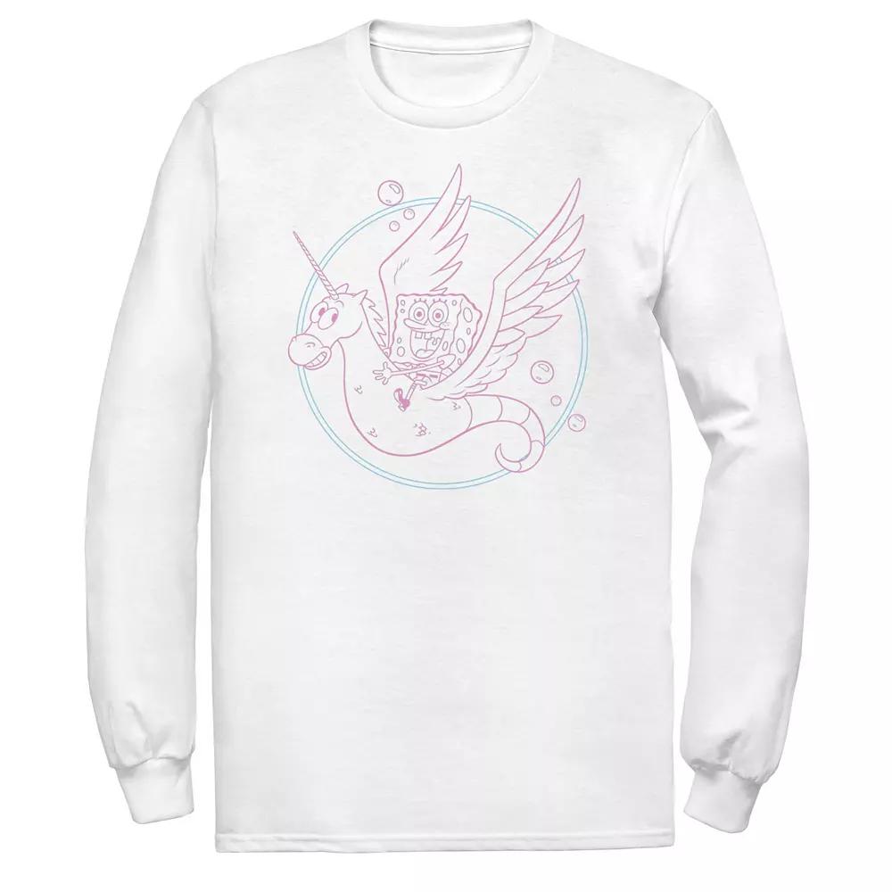 Men's Spongebob Sea Unicorn Pink Hue Outline Long Sleeve Tee, Size: Small, White Product Image