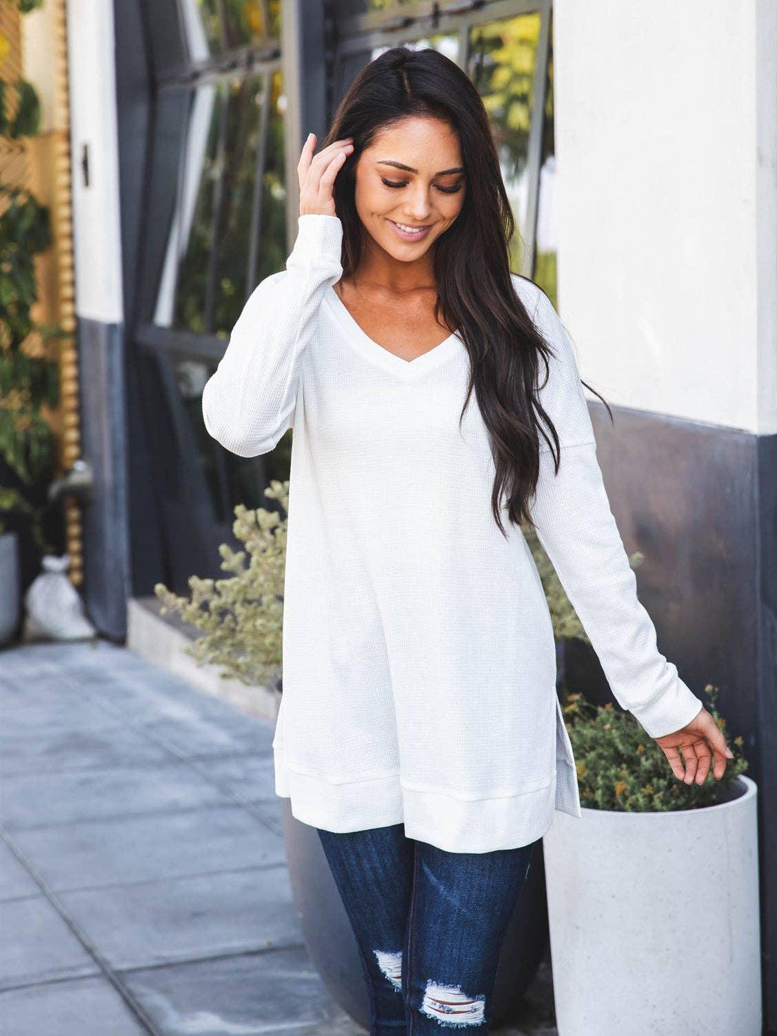 Waffle Knit Split Hem Rory Tunic: Black Product Image