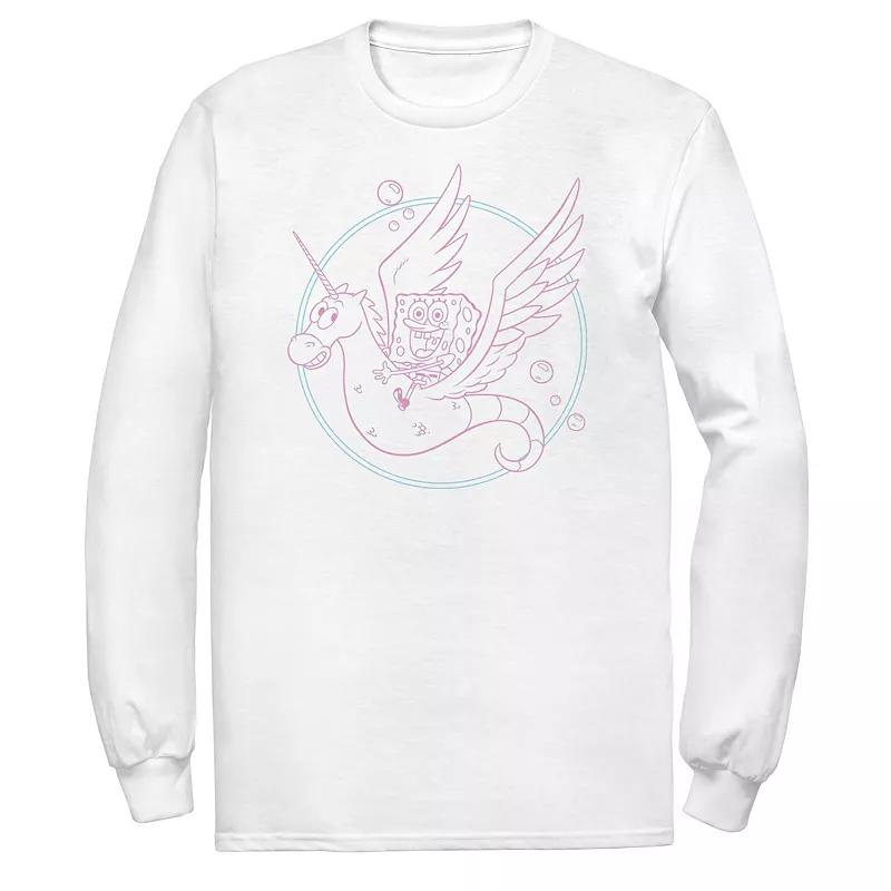 Men's Spongebob Sea Unicorn Pink Hue Outline Long Sleeve Tee, Size: Small, White Product Image