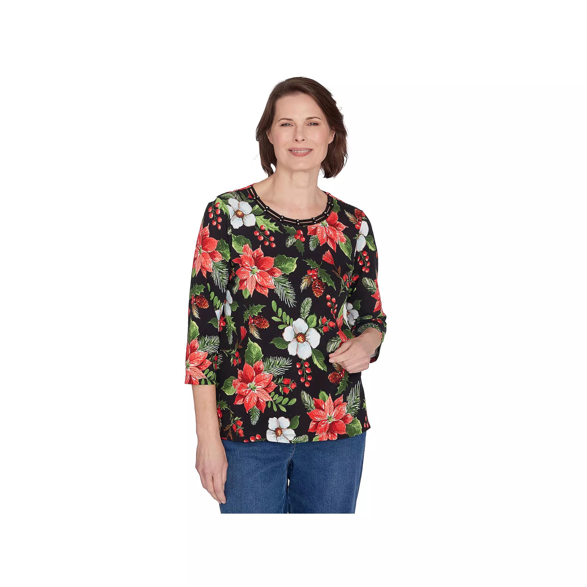 Petite Alfred Dunner Poinsettia Classic Holiday Top, Women's, Size: Small Petite, Black Product Image