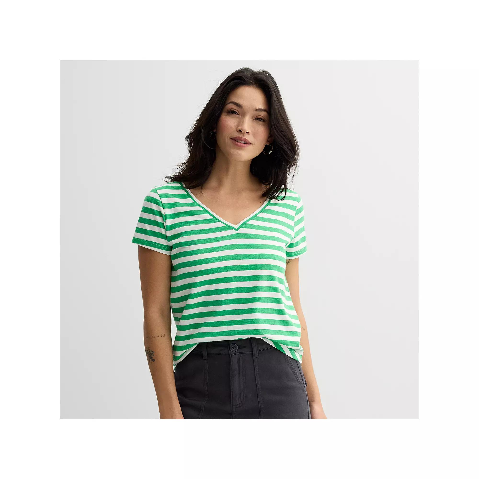 Petite Sonoma Goods For Life® Everyday Short Sleeve V-Neck Tee, Women's, Size: Large Petite, Bright Green Stripe Product Image