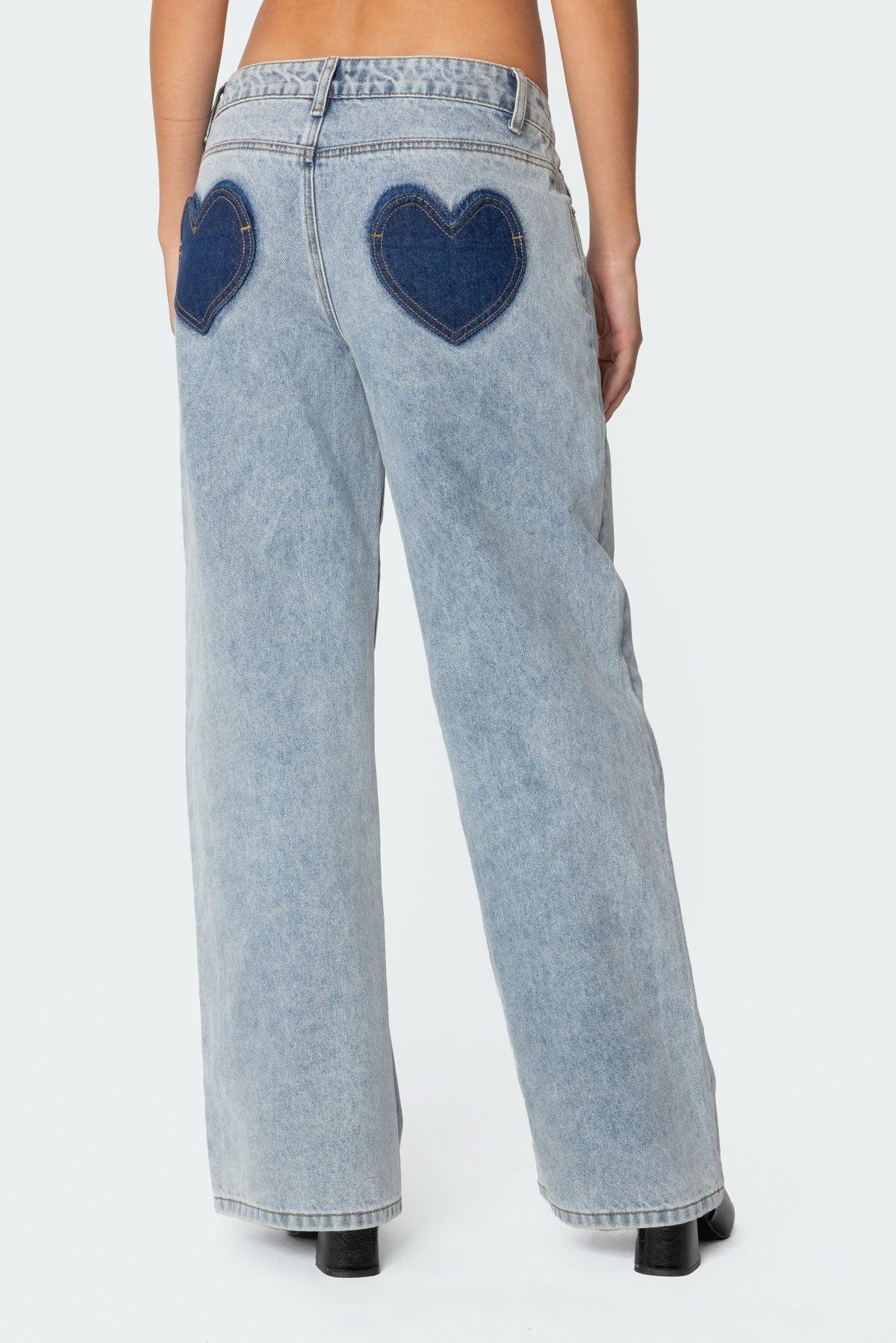 Contrast Heart Washed Low Rise Baggy Jeans Product Image