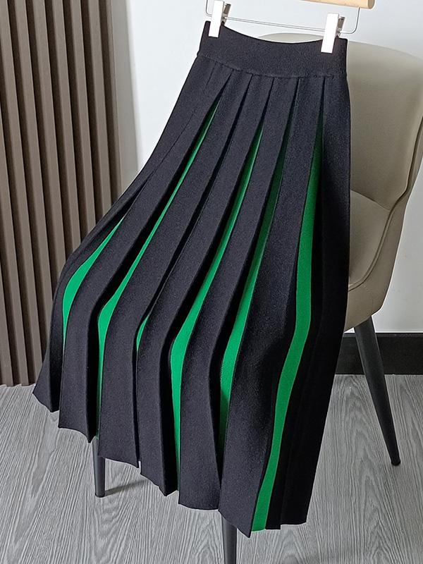 A-Line Loose Contrast Color Pleated Skirts Bottoms Product Image