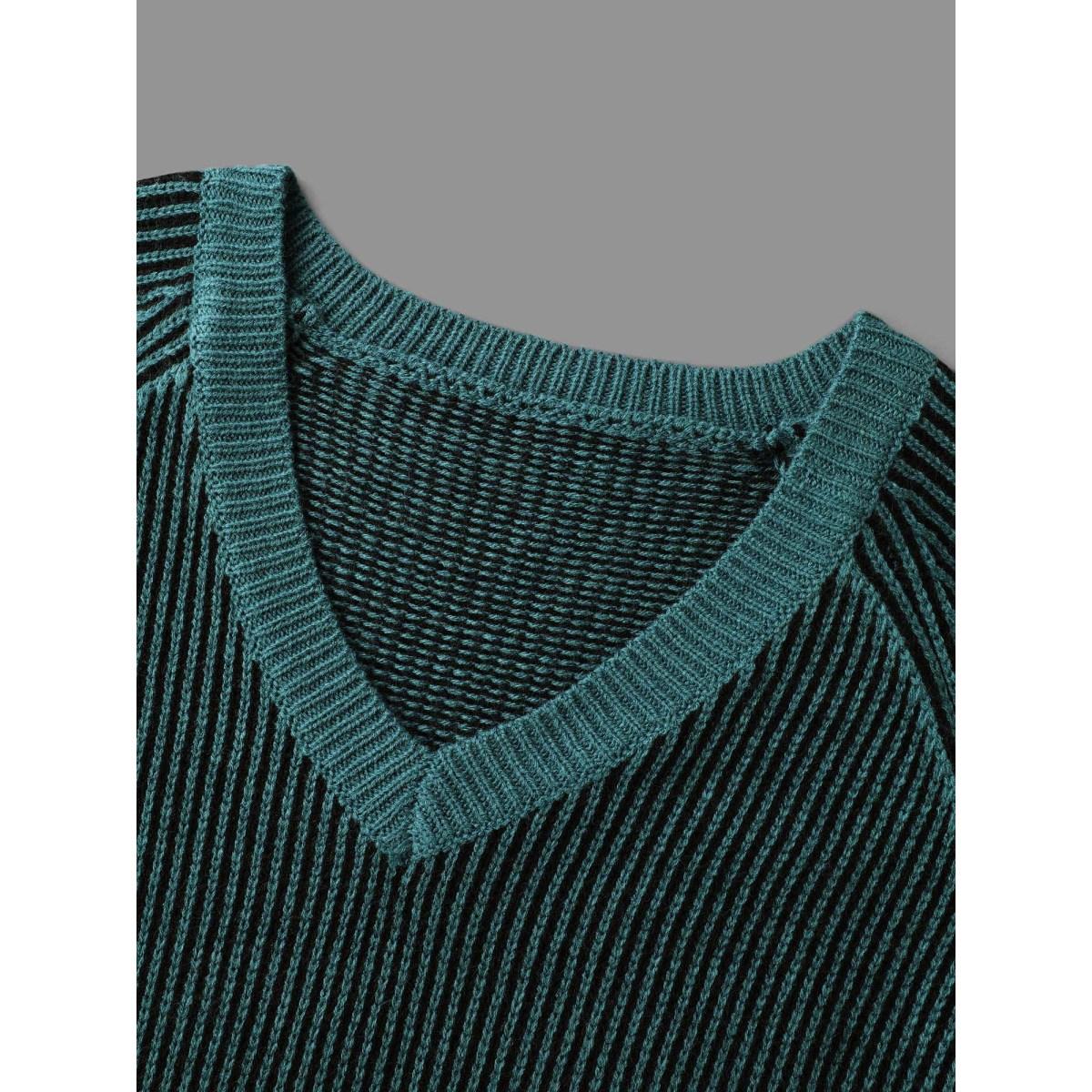 Plus Size Cable Knit V-Neck Raglan Sleeve Pullover Cyan Women Casual Loose Long Sleeve V-neck Everyday Pullovers BloomChic 26/4X Product Image