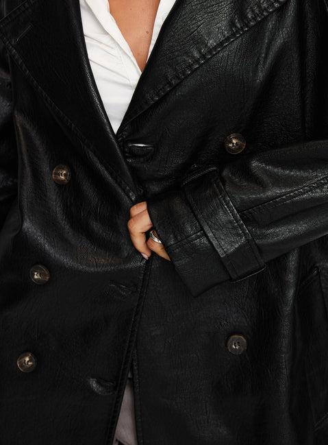 Think Later Faux Leather Trench Coat Black Product Image