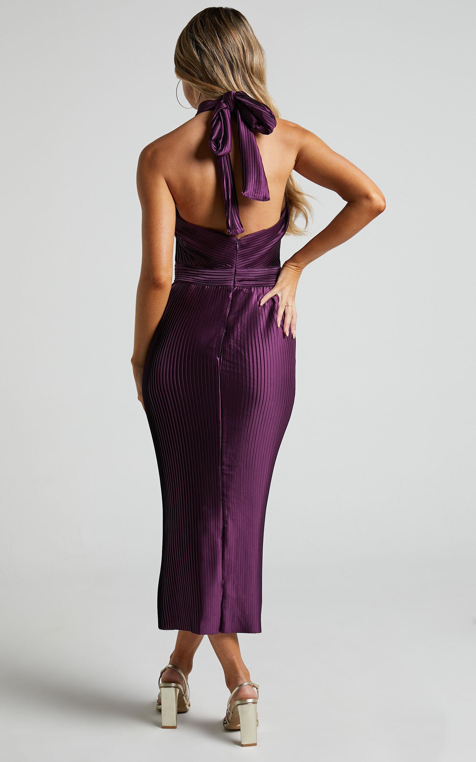 Marlette Midi Dress - Pleated Open Back Halter Dress in Aubergine Product Image