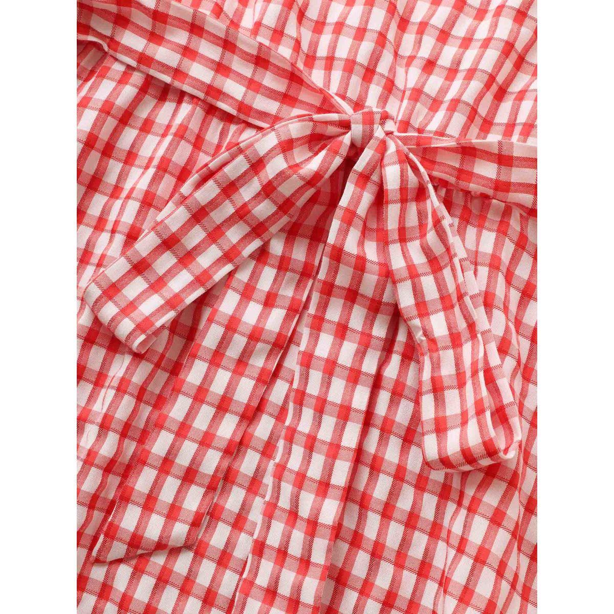 Plus Size Crimson V Neck Gingham Tie Knot Ruffles Blouse Women Casual Elbow-length sleeve V-neck Everyday Blouses BloomChic 12/L Product Image