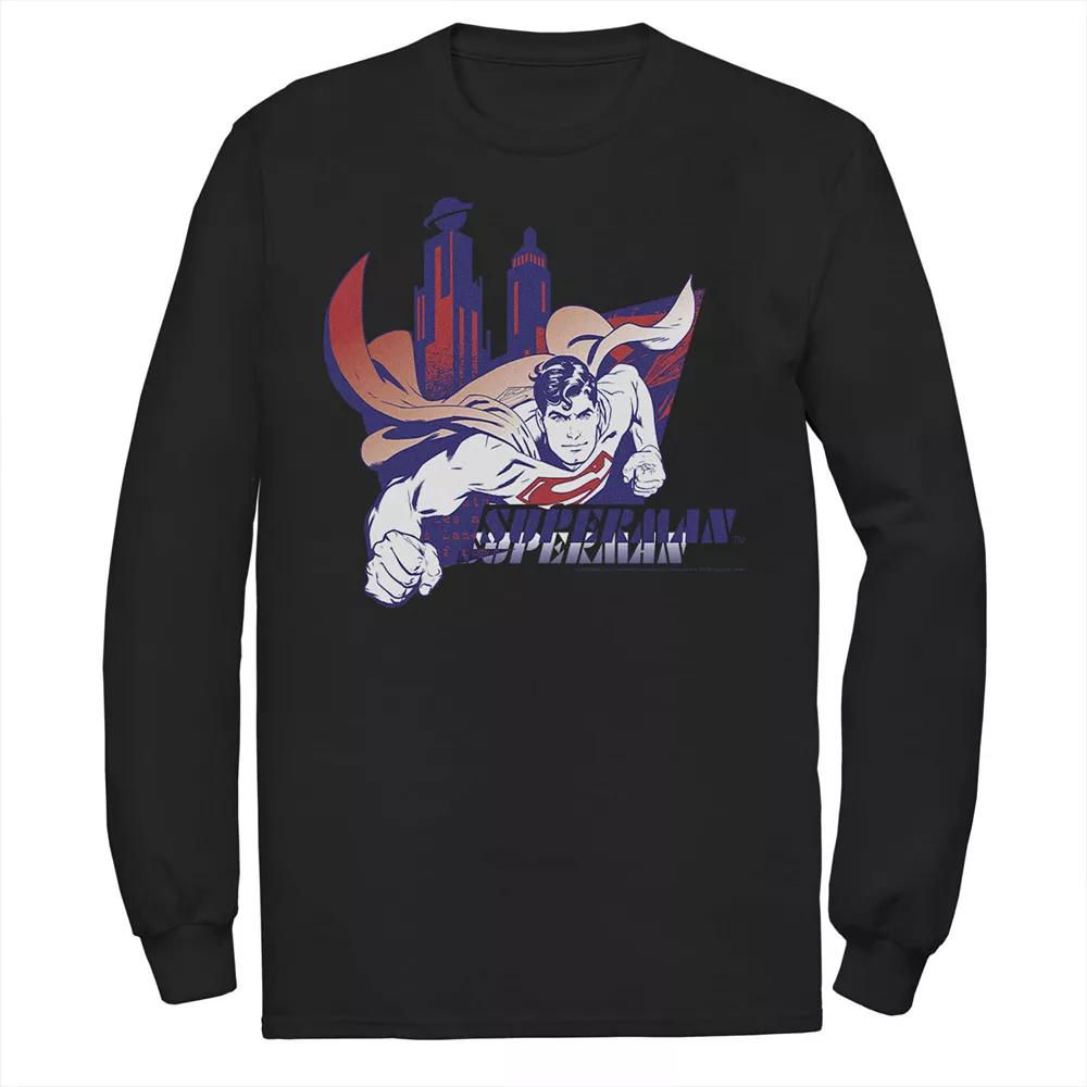 Men's DC Comics Superman Daily Planet Skyline Flying Poster Long Sleeve Graphic Tee,  Product Image