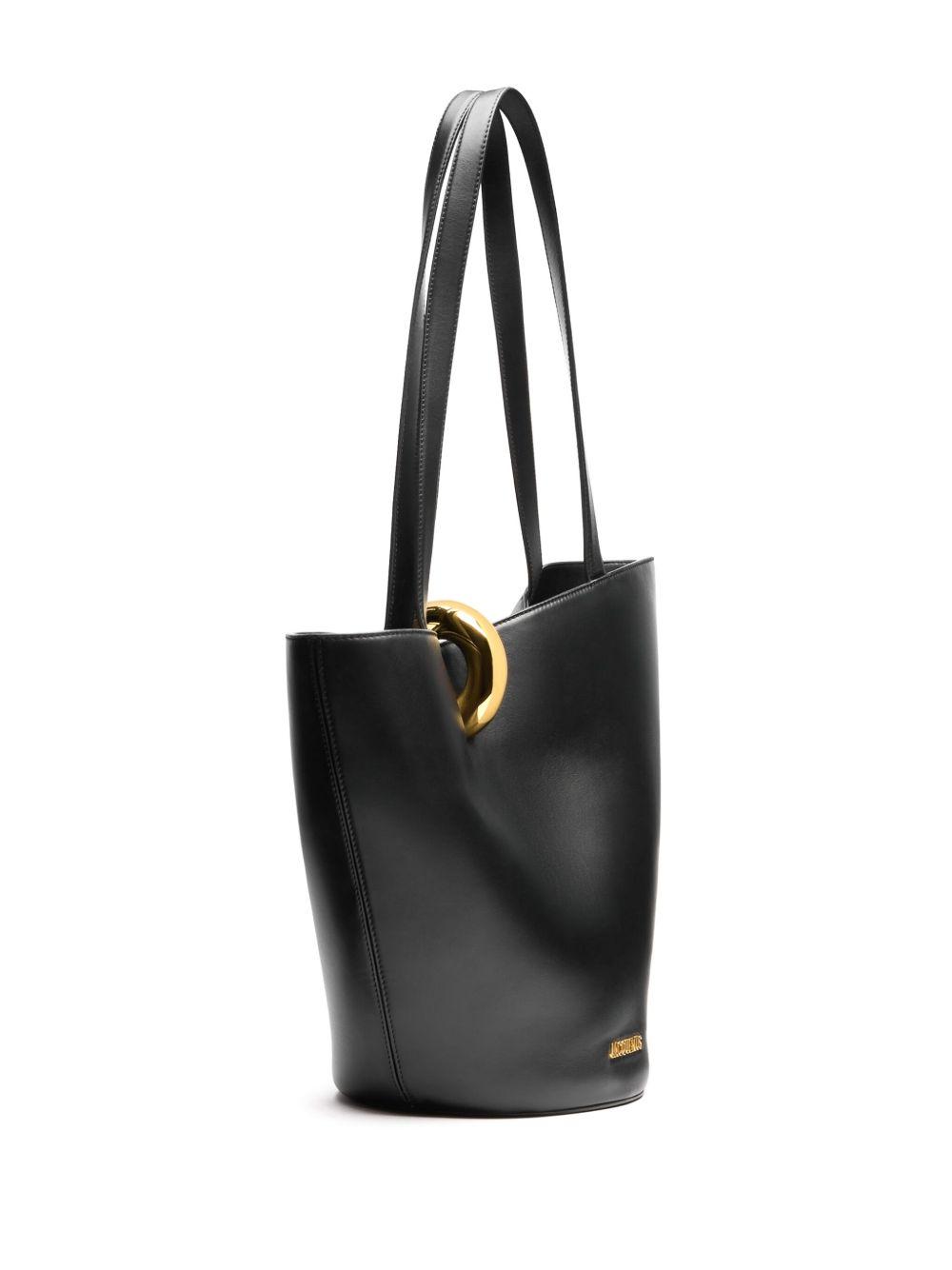 JACQUEMUS The Medium Bambola Asymmetric Leather Bucket Bag In Black 990 Product Image
