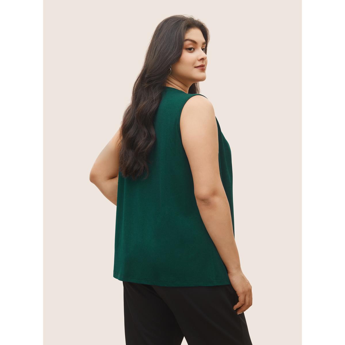 Plus Size Plain Tie Neck Plicated Detail Tank Top Women DarkGreen Work From Home Pleated Notched collar Work Tank Tops Camis BloomChic 28/5X Product Image