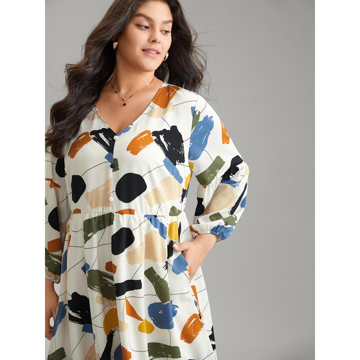 Plus Size Colored Brush Print Pocket Button Detail Dress Ivory Women At the Office Elastic cuffs V-neck Long Sleeve Curvy Midi Dress BloomChic 10/M Product Image