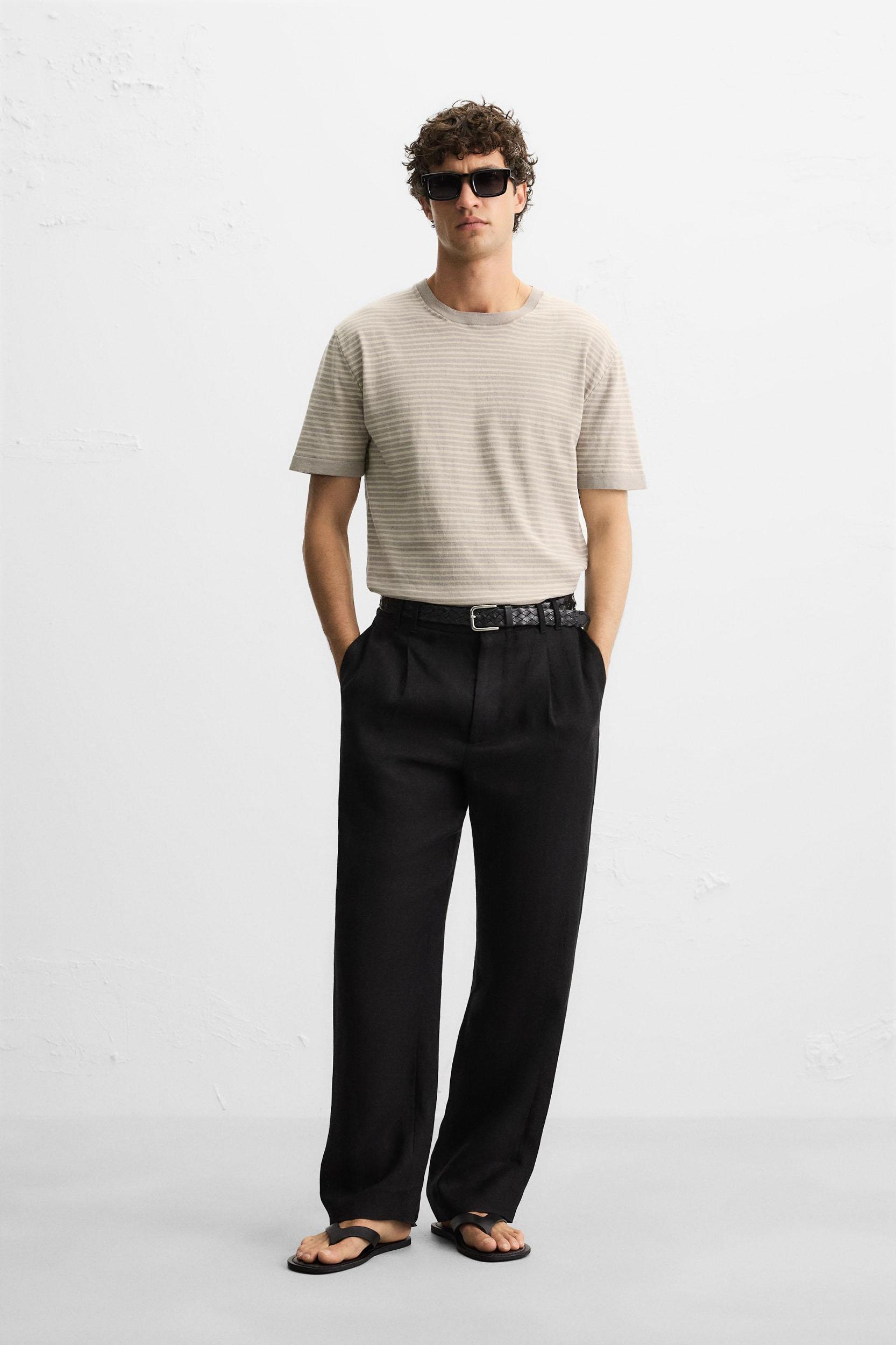 STRIPED COTTON LINEN KNIT T-SHIRT Product Image