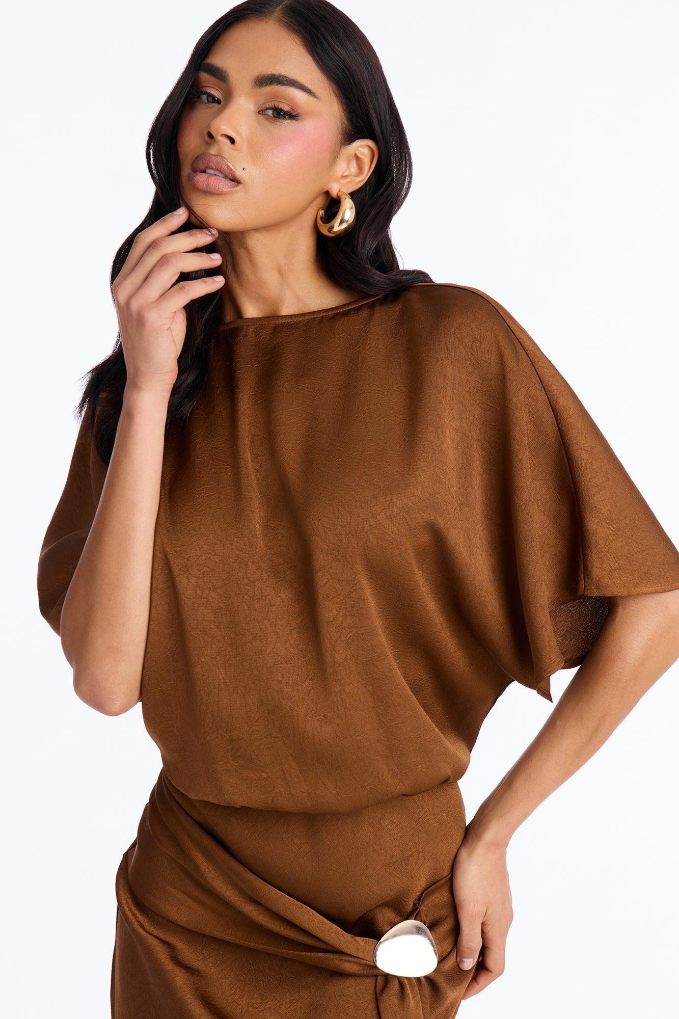 Golden Hour Short Sleeve Satin Maxi Dress - Chocolate Female Product Image