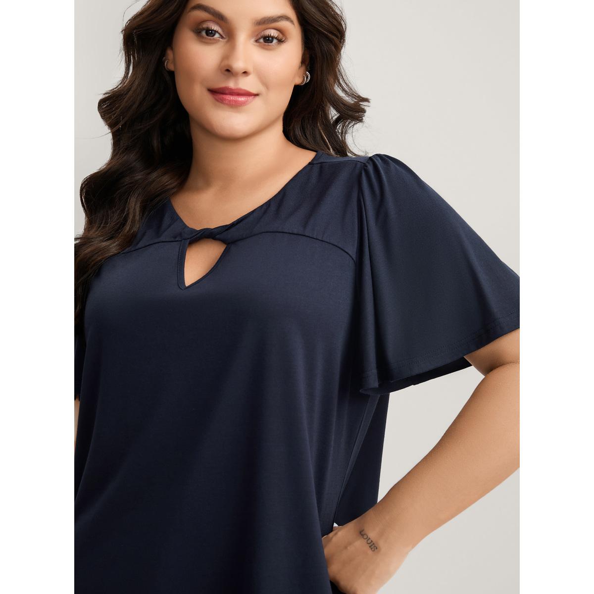 Plus Size Neck-Tie Flared Sleeve Solid T-Shirt Indigo Women Twist Round Neck Everyday-Casual T-shirts BloomChic 22-24/3X Product Image