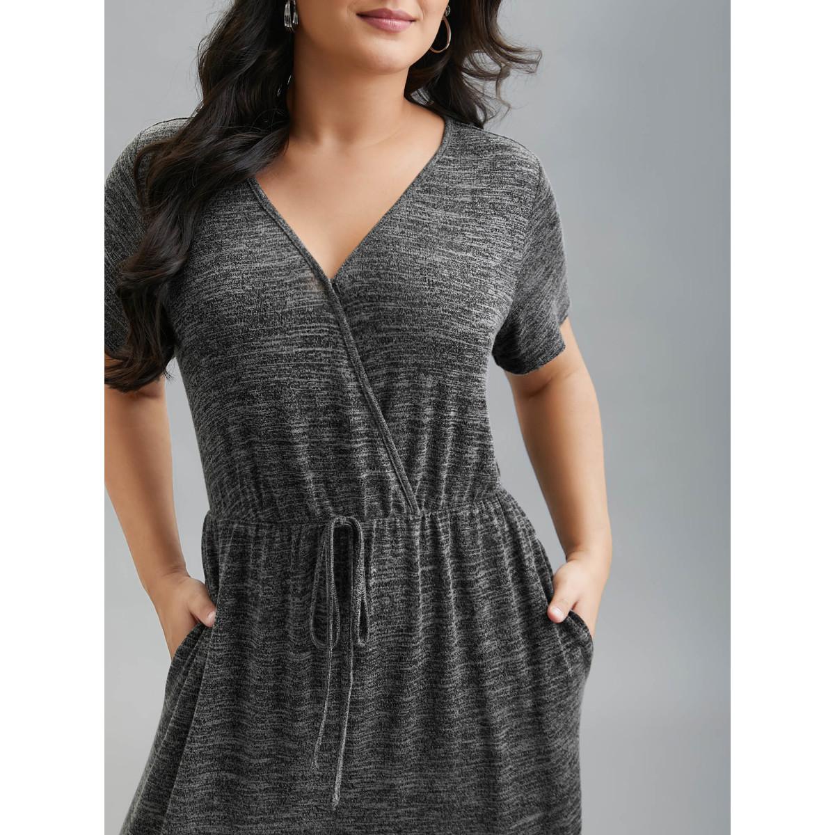 Plus Size DimGray Plain Wrap Drawstring Pocket Jumpsuit Women Leisure Short sleeve Overlap Collar Casual Loose Jumpsuits BloomChic 28/5X Product Image