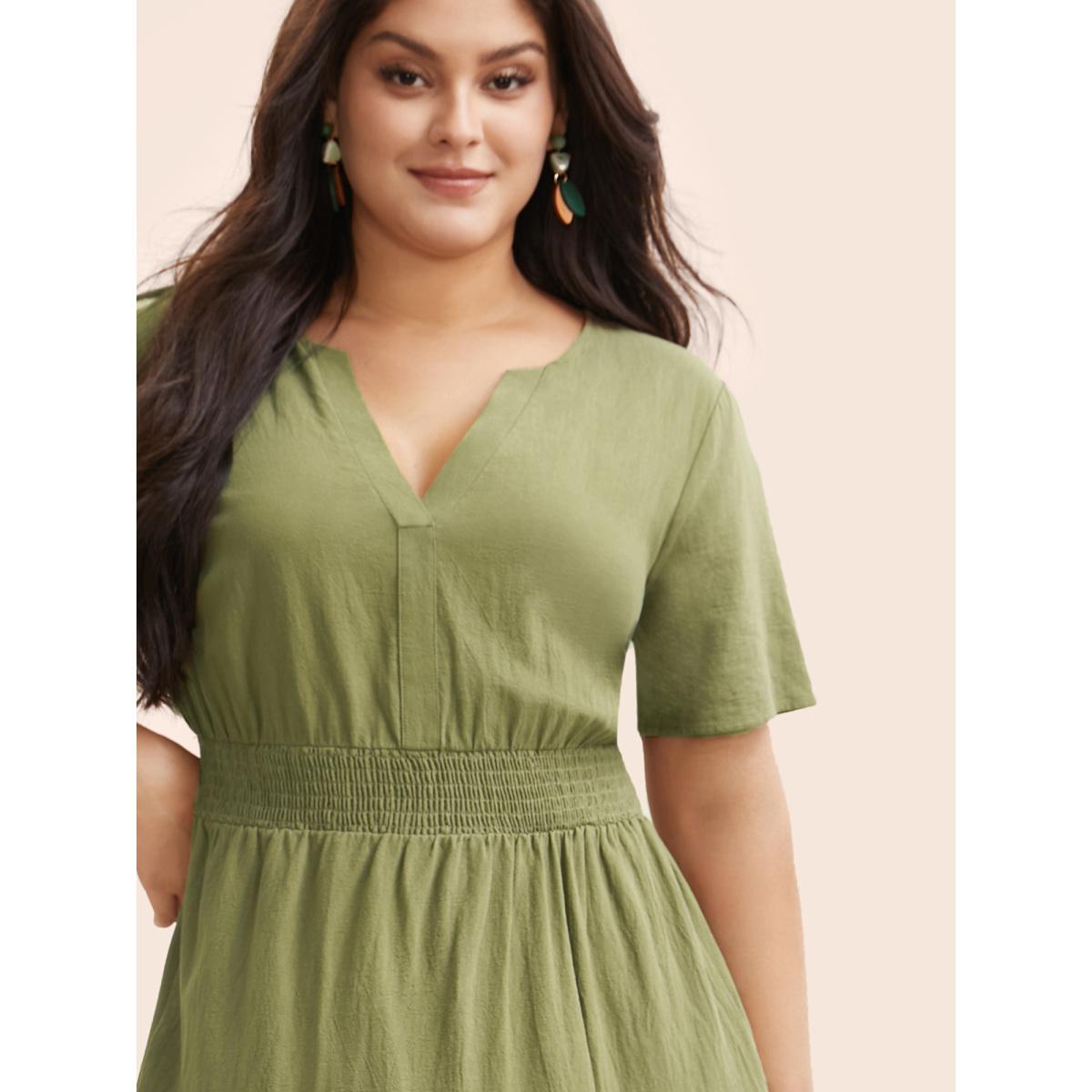 Plus Size Notched Shirred Ruffle Layered Hem Dress Olive Women Elegant Shirred Flat collar with V-notch Short sleeve Curvy BloomChic 28/5X Product Image