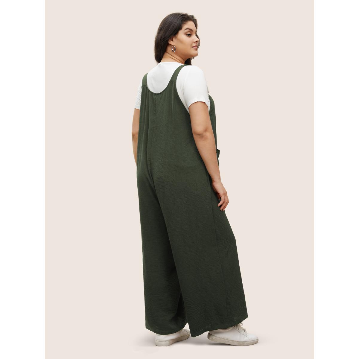 Plus Size ArmyGreen Plain Pleated Wide Leg Jumpsuit Women Casual Sleeveless Square Neck Everyday Loose Jumpsuits BloomChic 30/6X Product Image