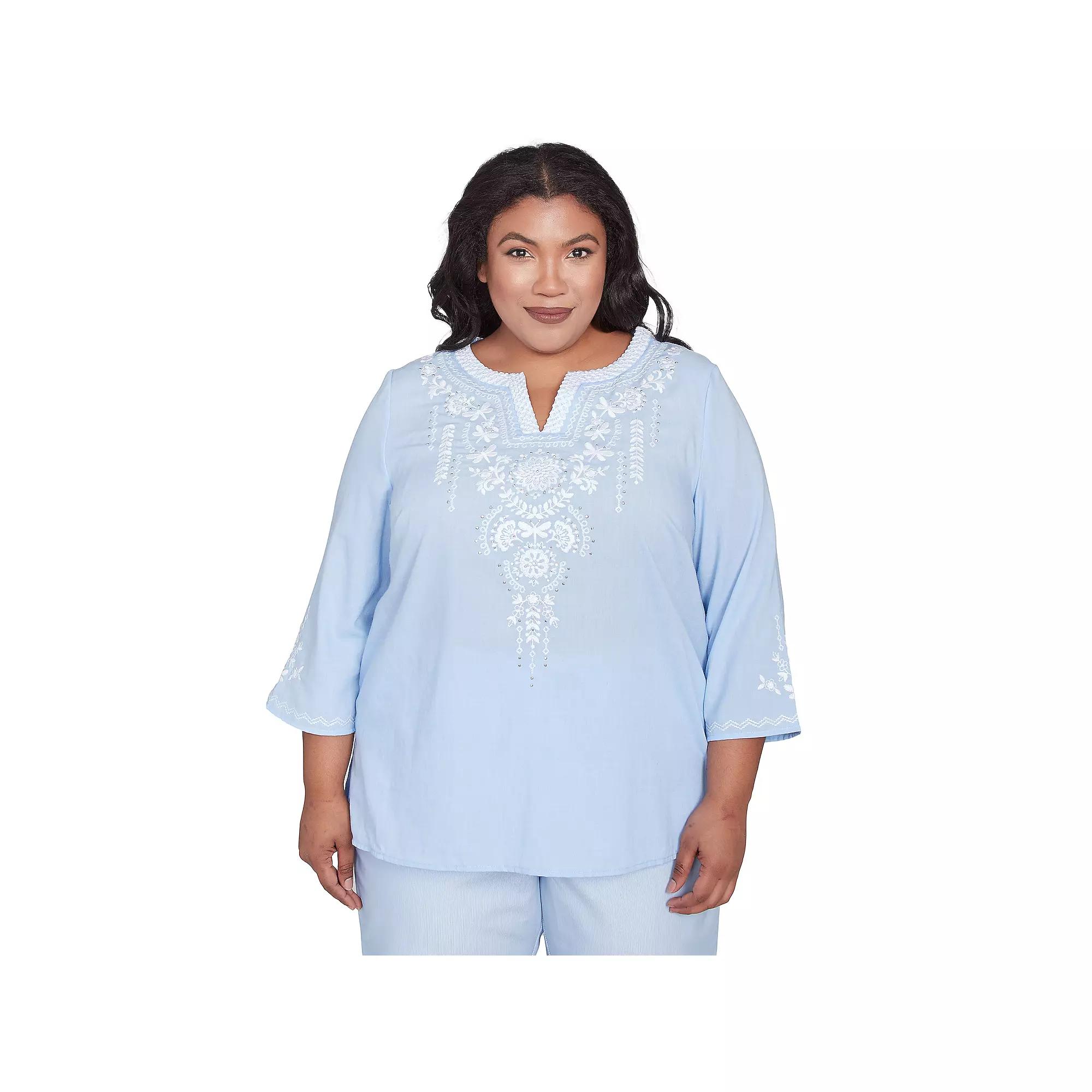 Plus Size Alfred Dunner Embroidered Sky Blue Top, Women's, Size: 2XL, Skyblue Product Image