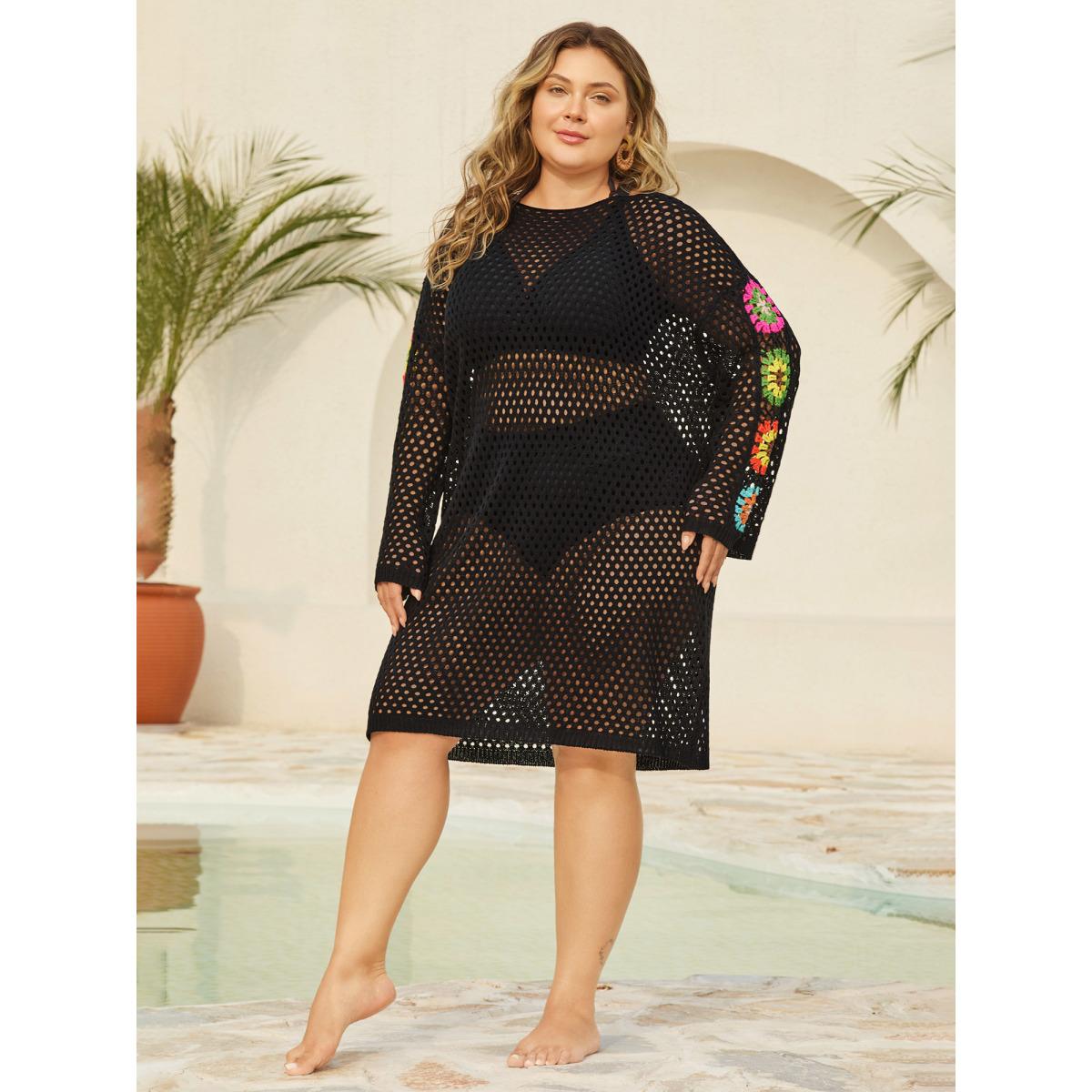 Plus Size Crochet Shoulder Flower Cut-Out Swim Cover-Up Women's Swimwear Black Beach Loose Cut-Out Curve Swim Cover Ups BloomChic 10/M Product Image