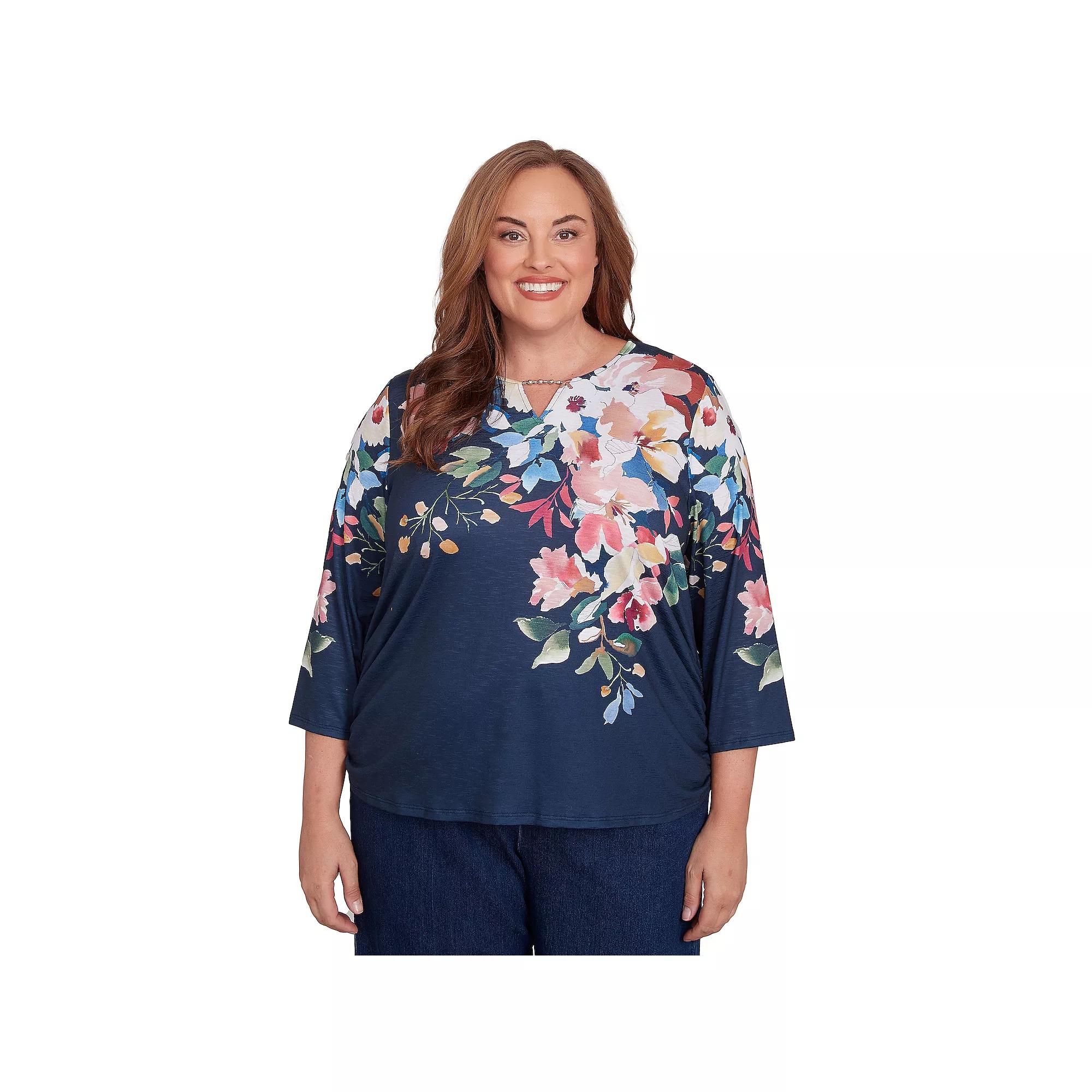 Plus Size Alfred Dunner Floral Knit Ruched Sleeve Top, Women's, Size: 3XL, Blue Product Image