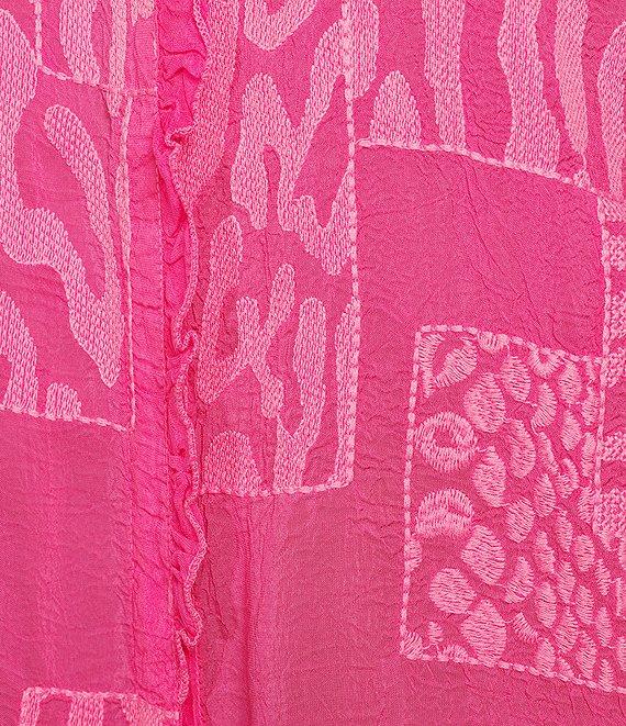 JOHNNY WAS Molli Monotone Embroidered Cupro Ruffle Trim Band Collar Long Sleeve Blouse Product Image