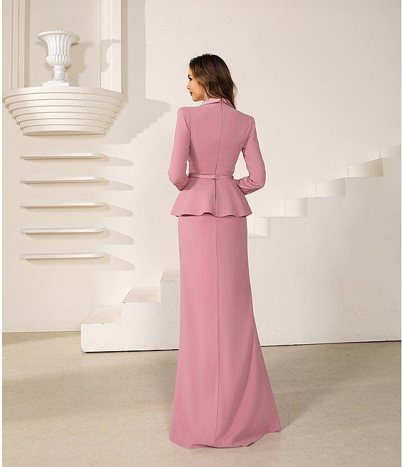 Terani Couture 3D Floral Applique Long Sleeve Peplum Mixed Media Gown Product Image