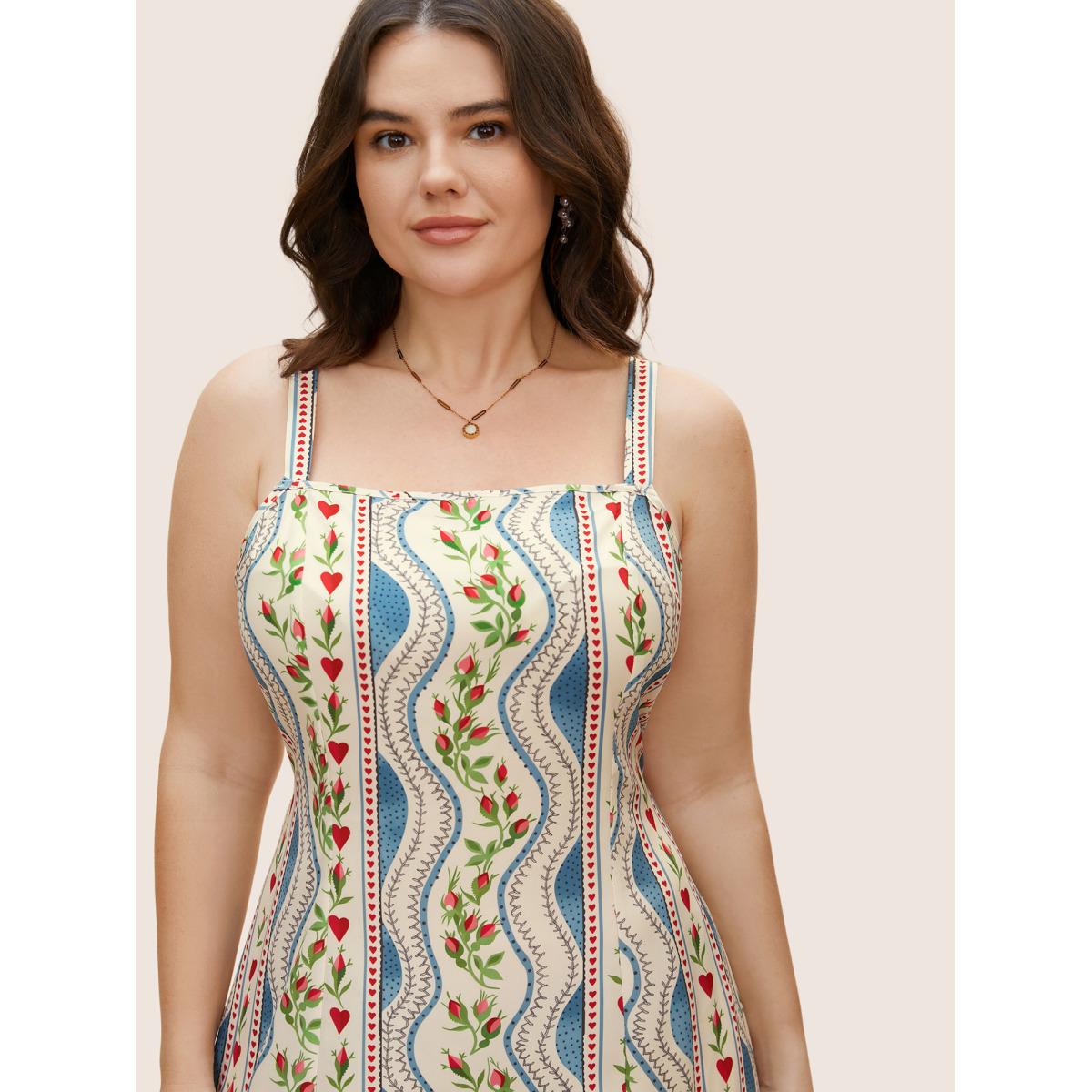 Plus Size Boho Print Split Front Cami Dress Skyblue Women Elegant Slit Non Sleeveless Curvy BloomChic 28/5X Product Image