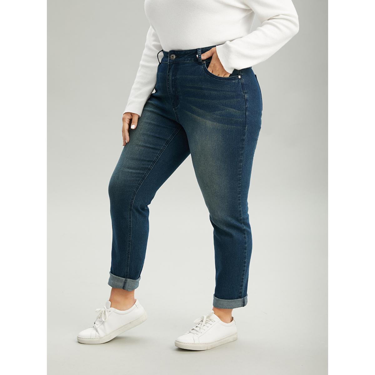 Plus Size Very Stretchy Straight Leg Roll Hem Jeans Women Aegean Casual Plain Plain High stretch Pocket Jeans BloomChic 12/L Product Image