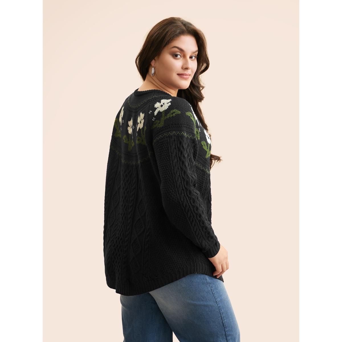 Plus Size Floral Jacquard Raglan Sleeve Pullover Black Women Leisure Long Sleeve Round Neck Casual Pullovers BloomChic 28/5X Product Image