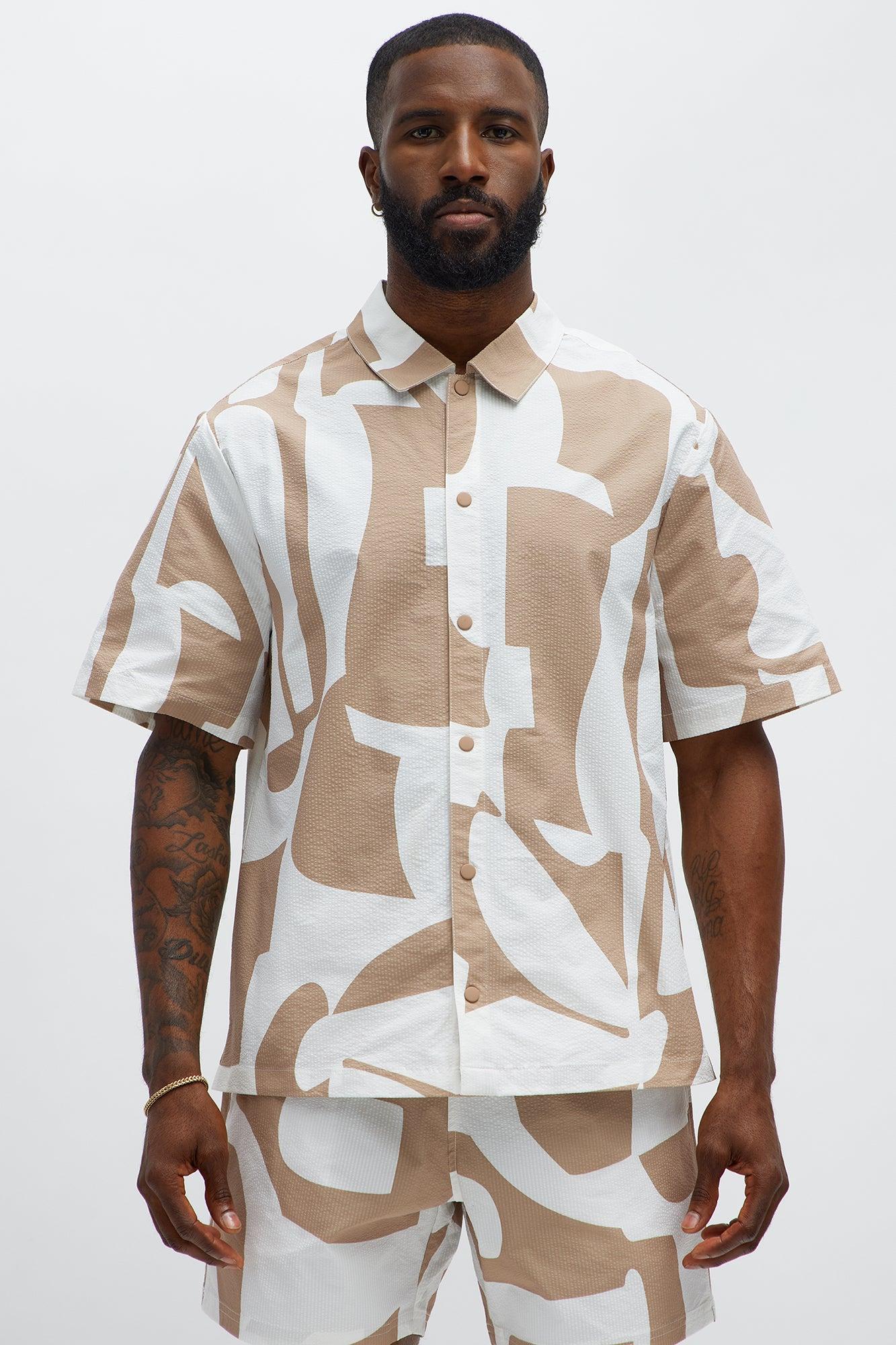 Seersucker Abstract Geo Printed Closed Collar Shirt - Tan/Multi Male Product Image