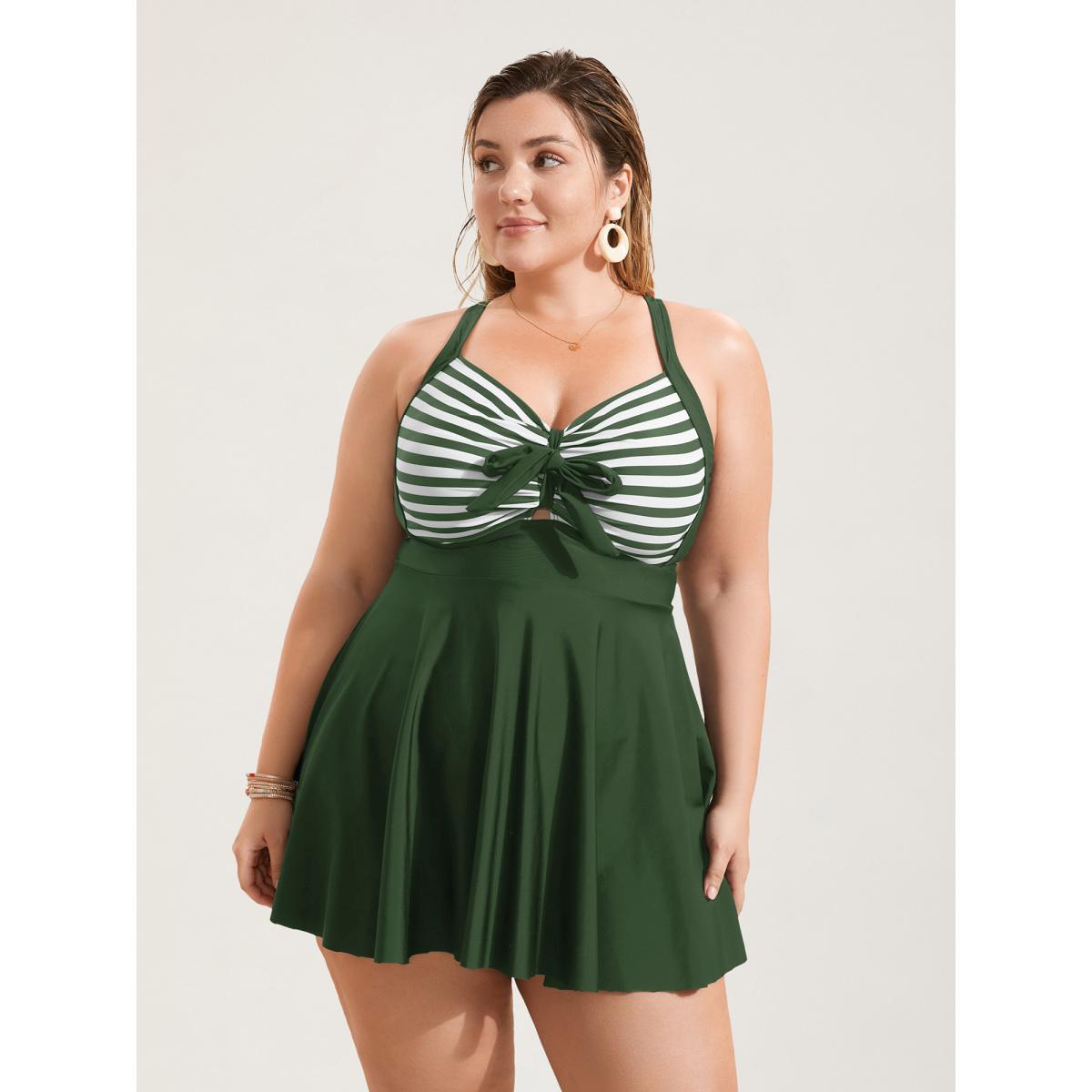Plus Size Stripes Patchwork Tie Knot Cross Straps Swim Dress Women's Swimwear ArmyGreen Resort Bodycon Heart neckline High stretch Curve Swim Dresses BloomChic 30/6X Product Image