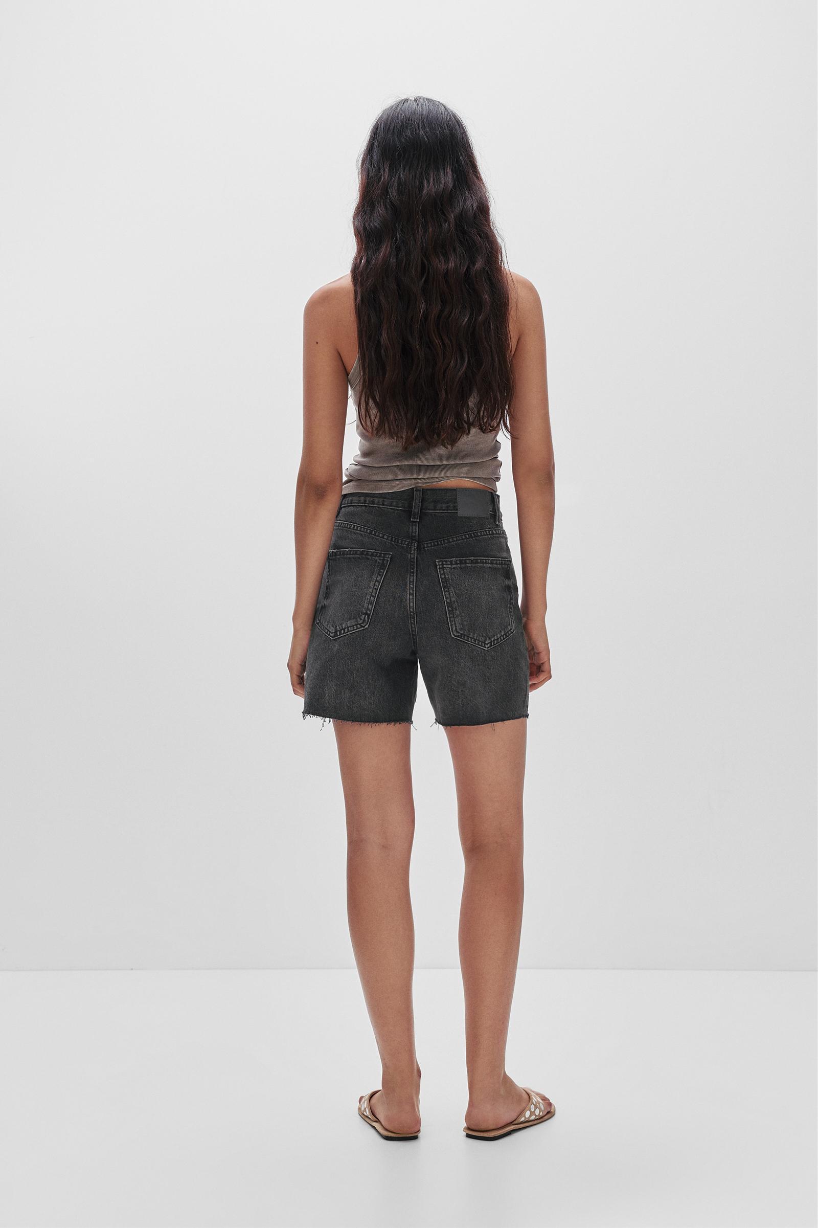 High-rise denim Bermuda shorts with rhinestones Product Image