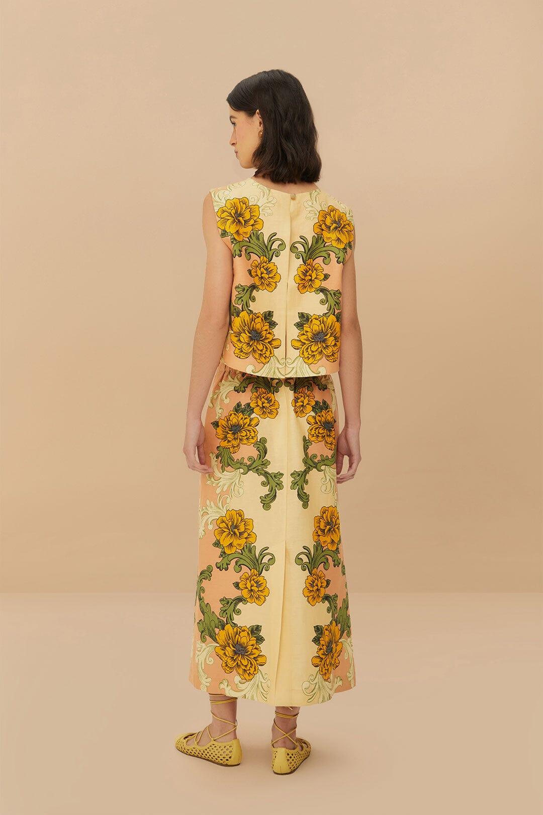 Cream Delicate Flower Arabesques Euroflax™ Premium Linen Midi Skirt Product Image