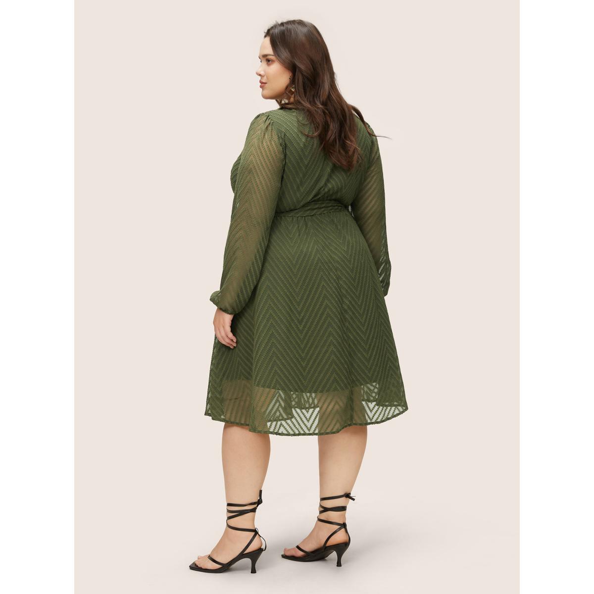 Plus Size Plisse Belted Mesh Overlap Collar Dress ArmyGreen Women At the Office Non Overlap Collar Long Sleeve Curvy Midi Dress BloomChic 10/M Product Image