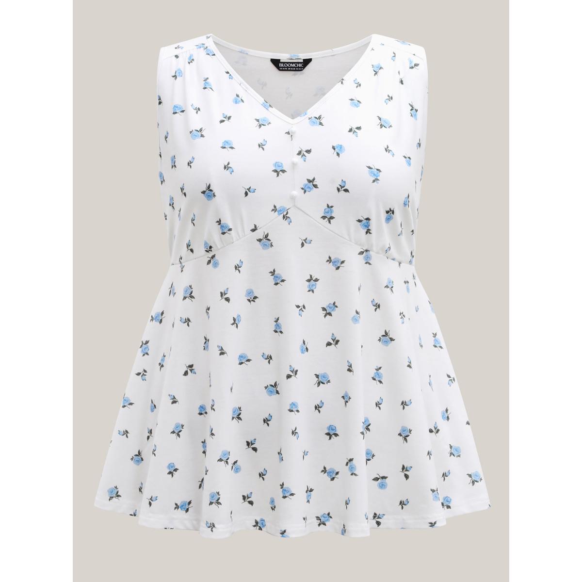 Plus Size Stretchy Floral Print Waist-Tie Tank Top Women WhiteSmoke Belted V-neck Everyday-Elegant Tank Tops Camis BloomChic 12/L Product Image