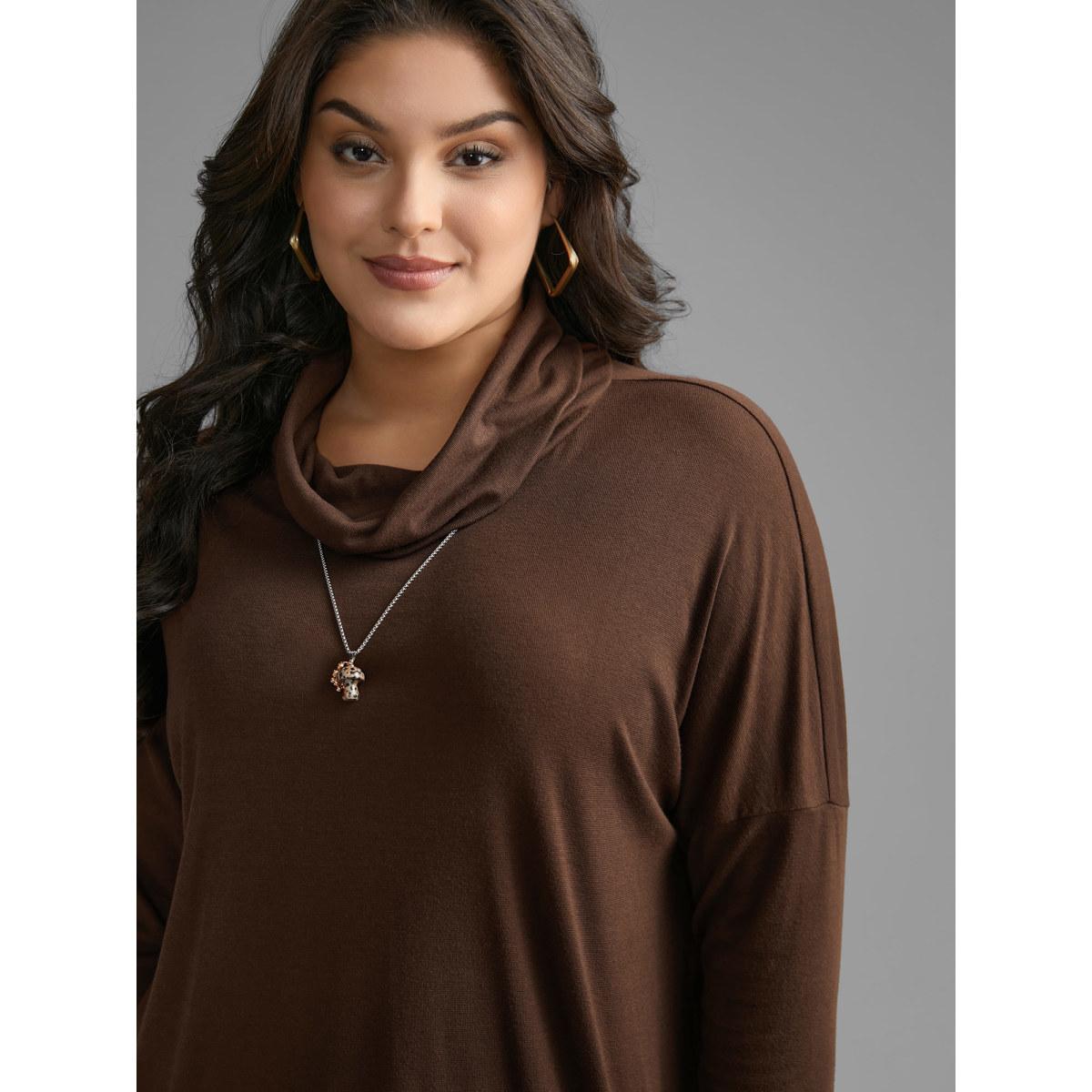 Plus Size Turtleneck Dolman Sleeve Split Hem T-shirt Browncoffeecolor Women Leisure Slit Ruffled collar Loose Casual T-shirts BloomChic 30/6X Product Image