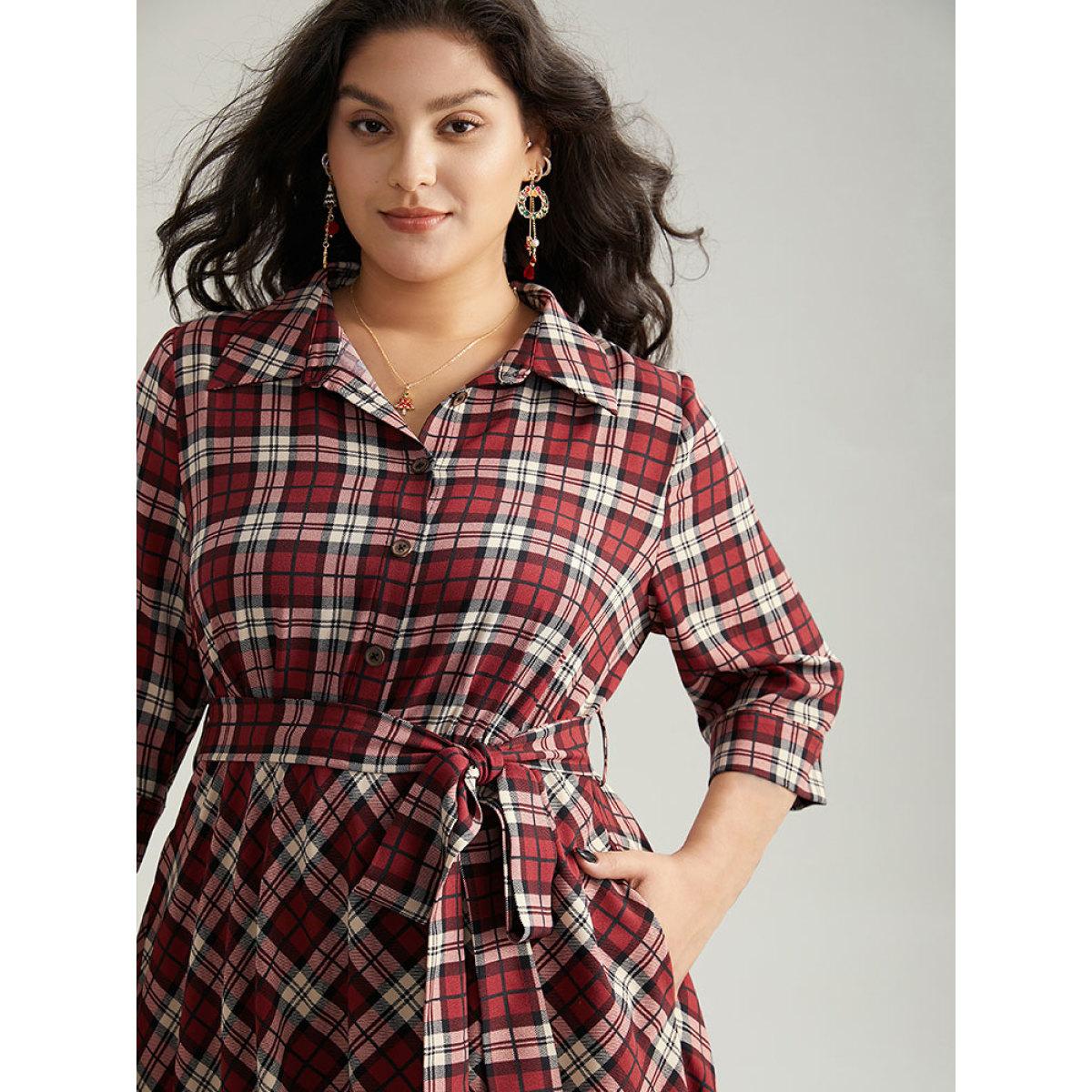 Plus Size Christmas Plaid Shirt Collar Button Up Belted Dress Burgundy Women Office Belted Shirt collar Elbow-length sleeve Curvy Midi Dress BloomChic 30/6X Product Image