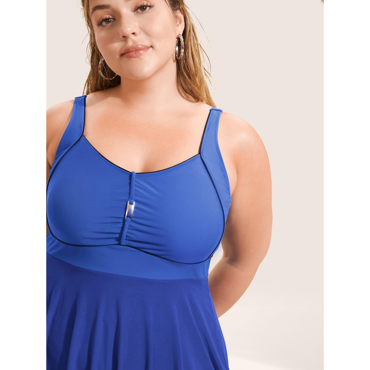 Plus Size Solid Heart Neckline Gathered Dress Women's Swimwear Blue Beach Bodycon Heart neckline High stretch Curve Swim Dresses BloomChic 26/4X Product Image
