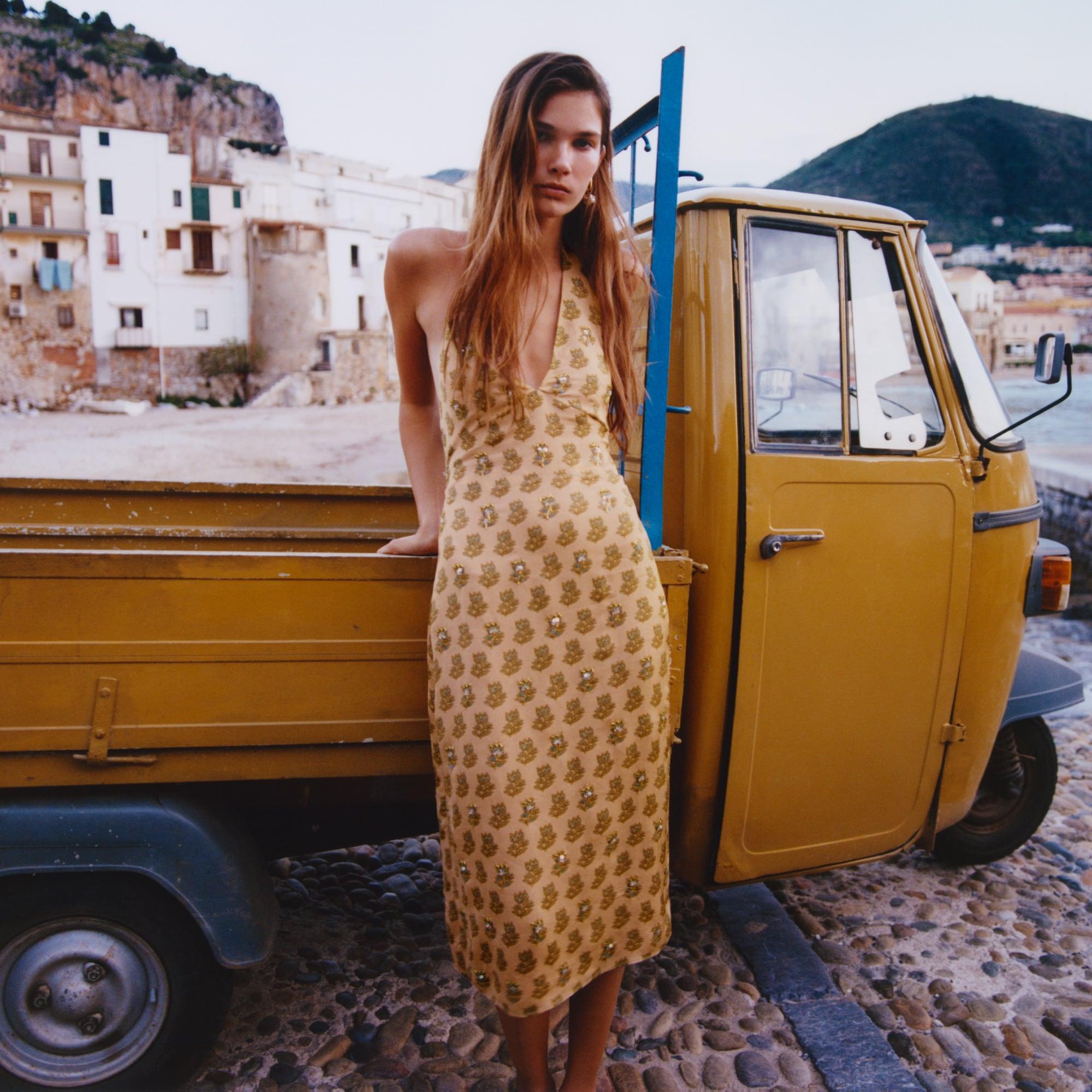 Collection embellished halter dress in tonal tulip block print Product Image