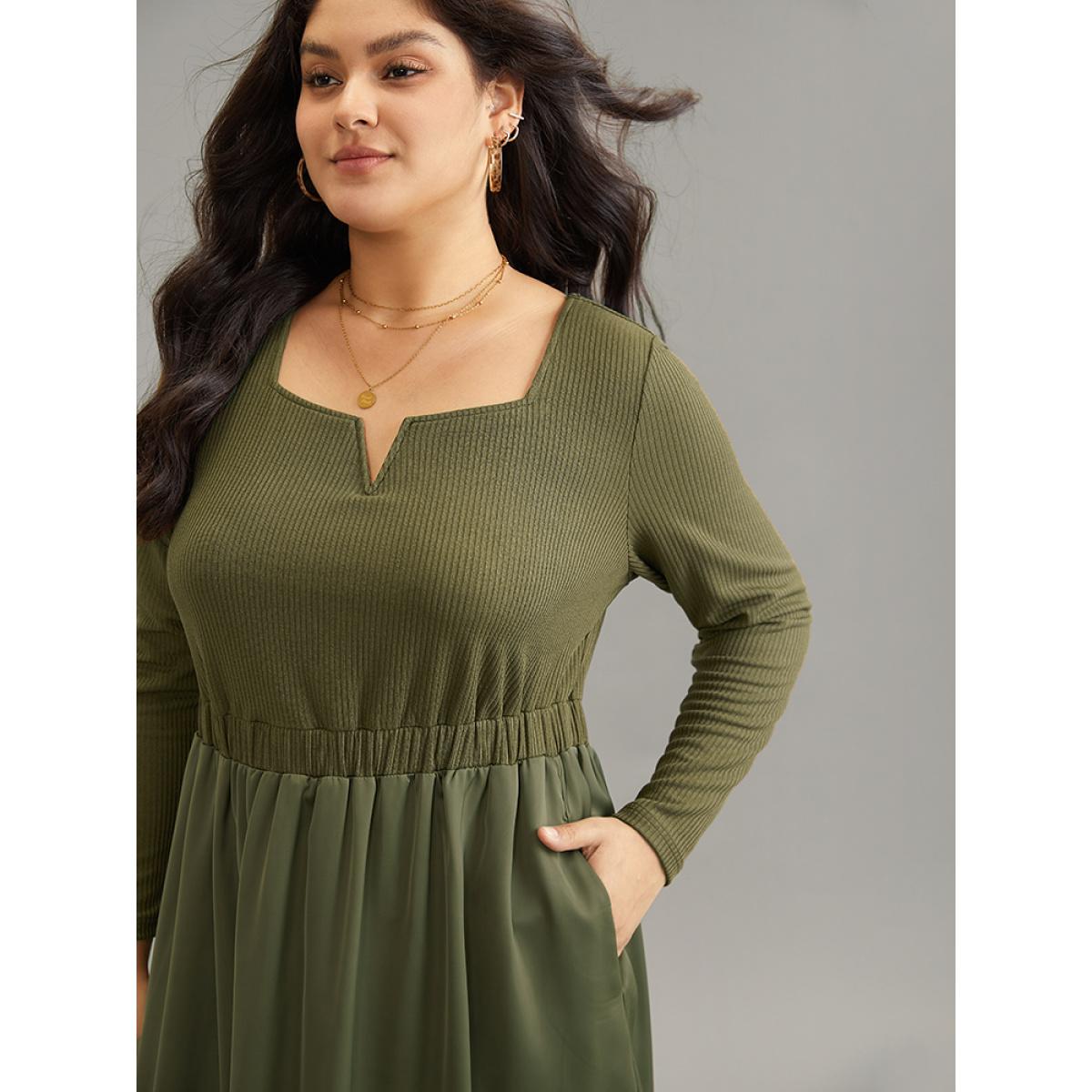 Plus Size Twill Patchwork Elastic Waist Gathered Dress Olive Women Casual Texture Notched collar Long Sleeve Curvy Midi Dress BloomChic 14-16/1X Product Image