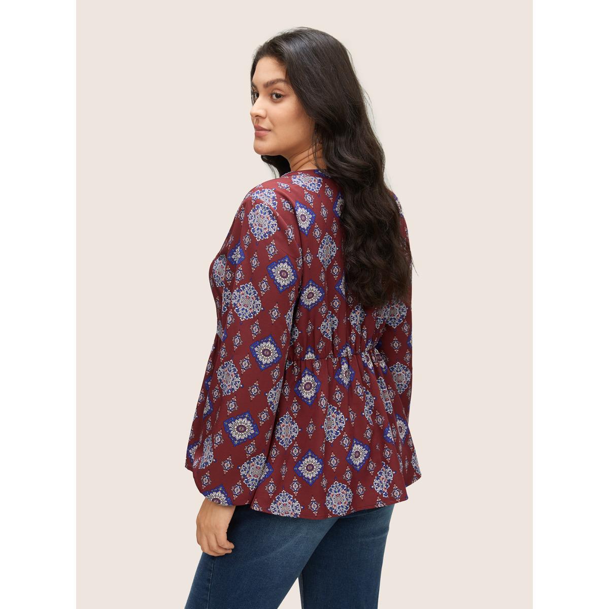 Plus Size Scarlet Boho Print Notched Lantern Sleeve Blouse Women Vacation Long Sleeve Notched collar Vacation Blouses BloomChic 28/5X Product Image