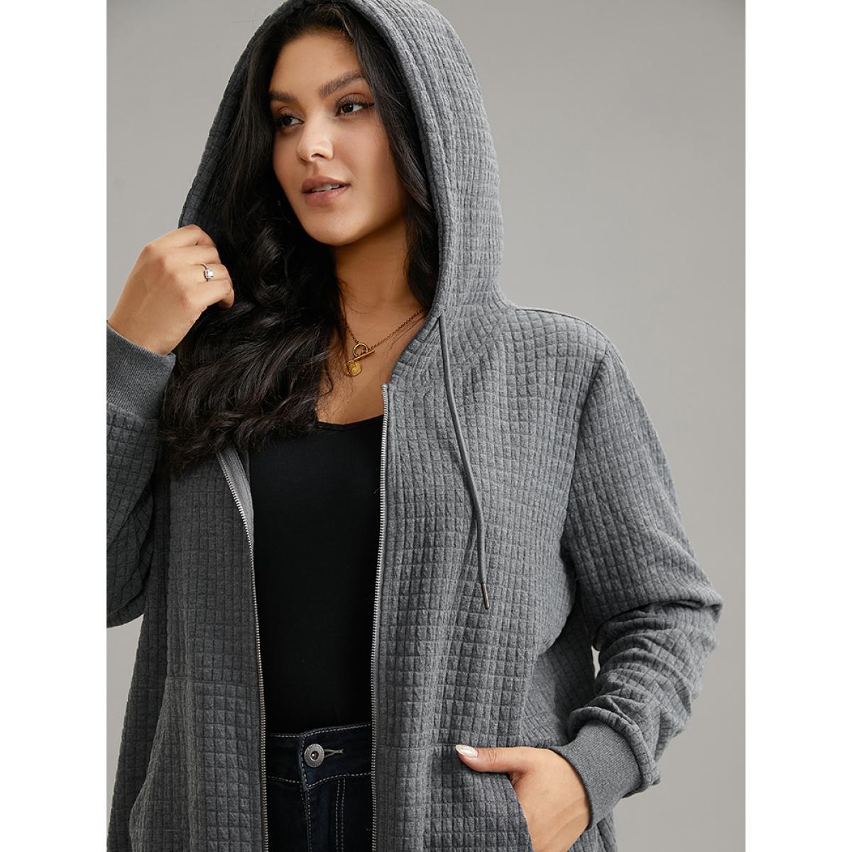 Plus Size Plain Zipper Drawstring Jacquard Jacket Women Gray Plain Pocket Everyday Jackets BloomChic 12/L Product Image