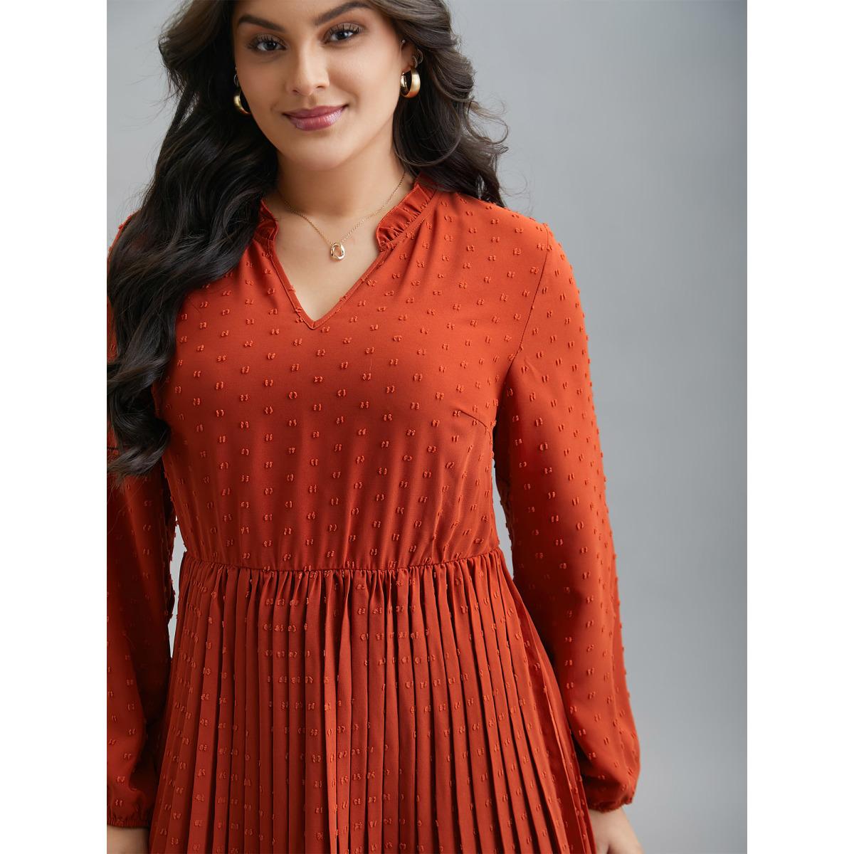Plus Size Notched Collar Textured Pleated Midi Dress OrangeRed Women Casual Texture Flat collar with V-notch Long Sleeve Curvy BloomChic 14-16/1X Product Image