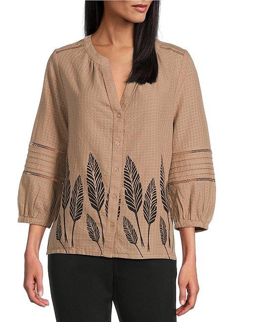 Investments Woven Portabella Leaf 3/4 Sleeve Y-Neck Button Front Top Product Image