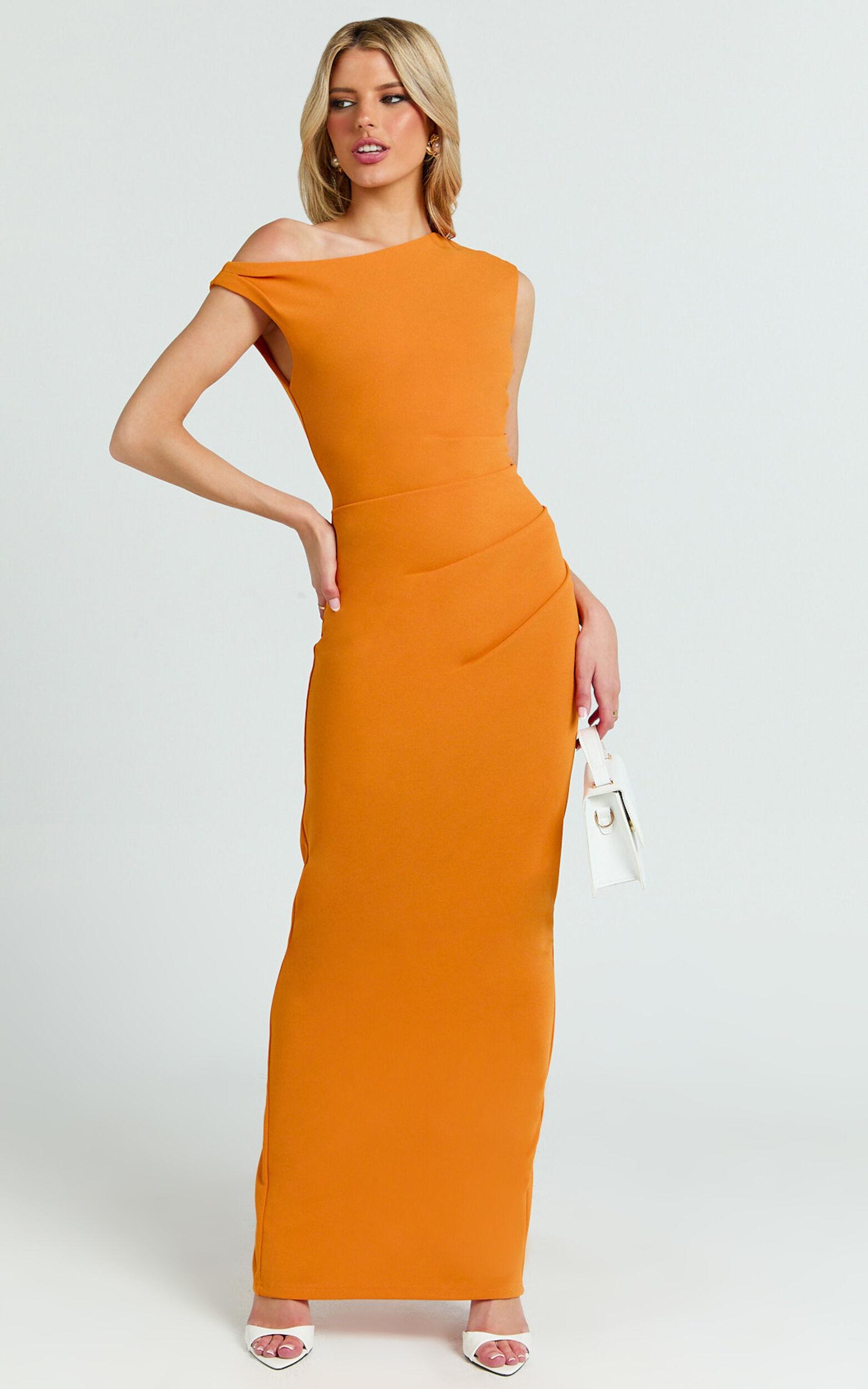 Genie Maxi Dress - Off The Shoulder Dress in Orange Product Image